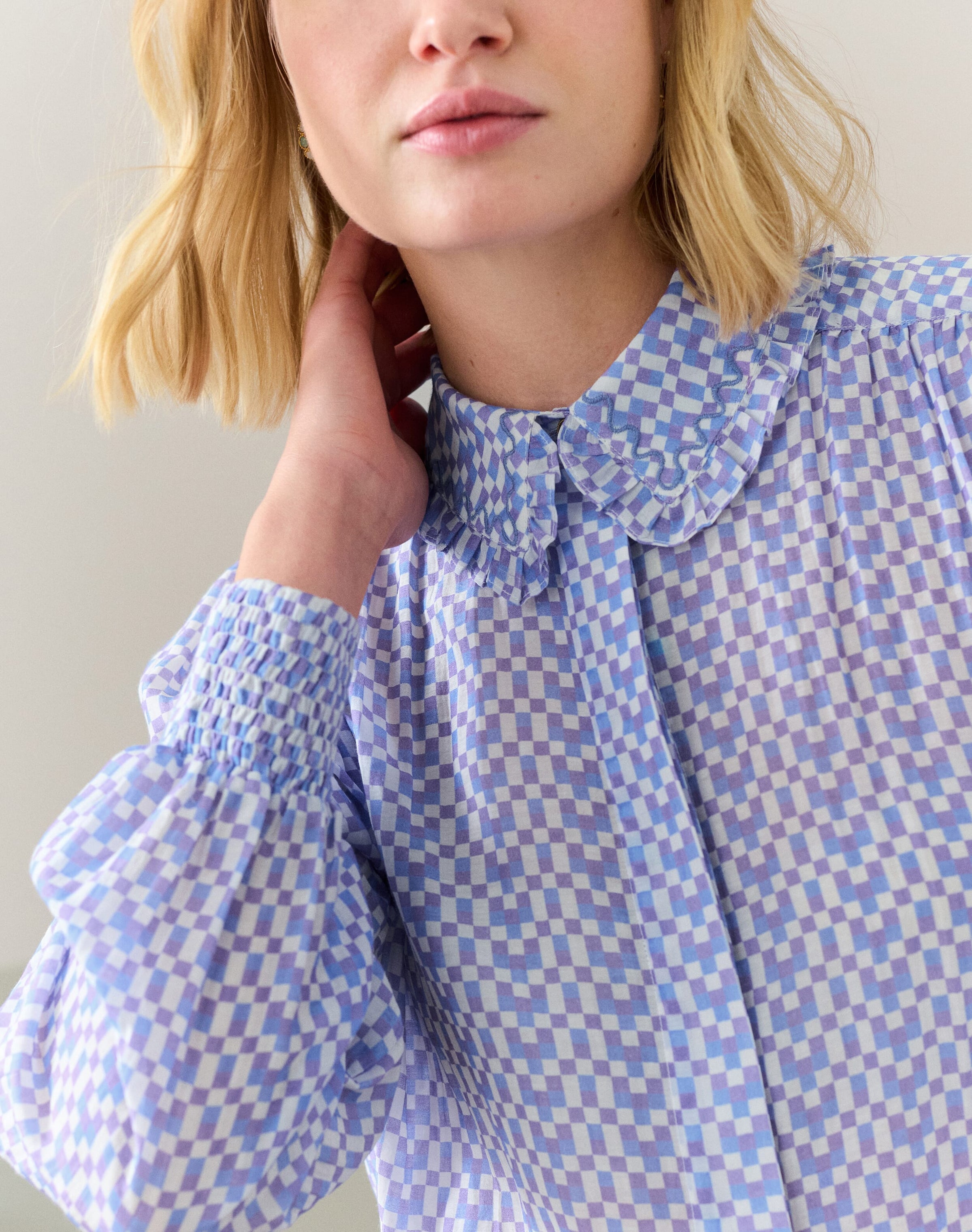Silk Cotton Checkerboard Print Shirt