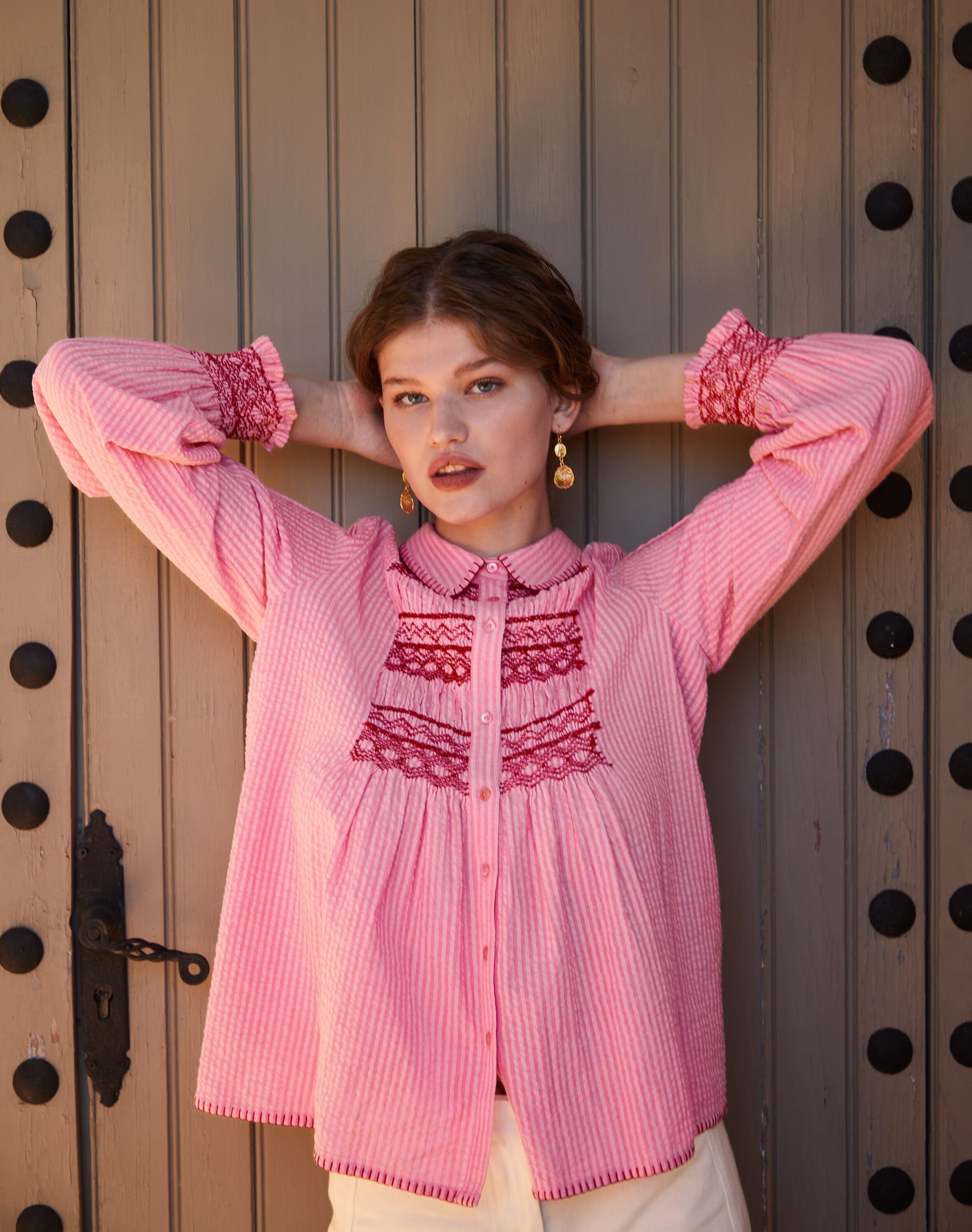 Smocked Cotton Stripe Blouse