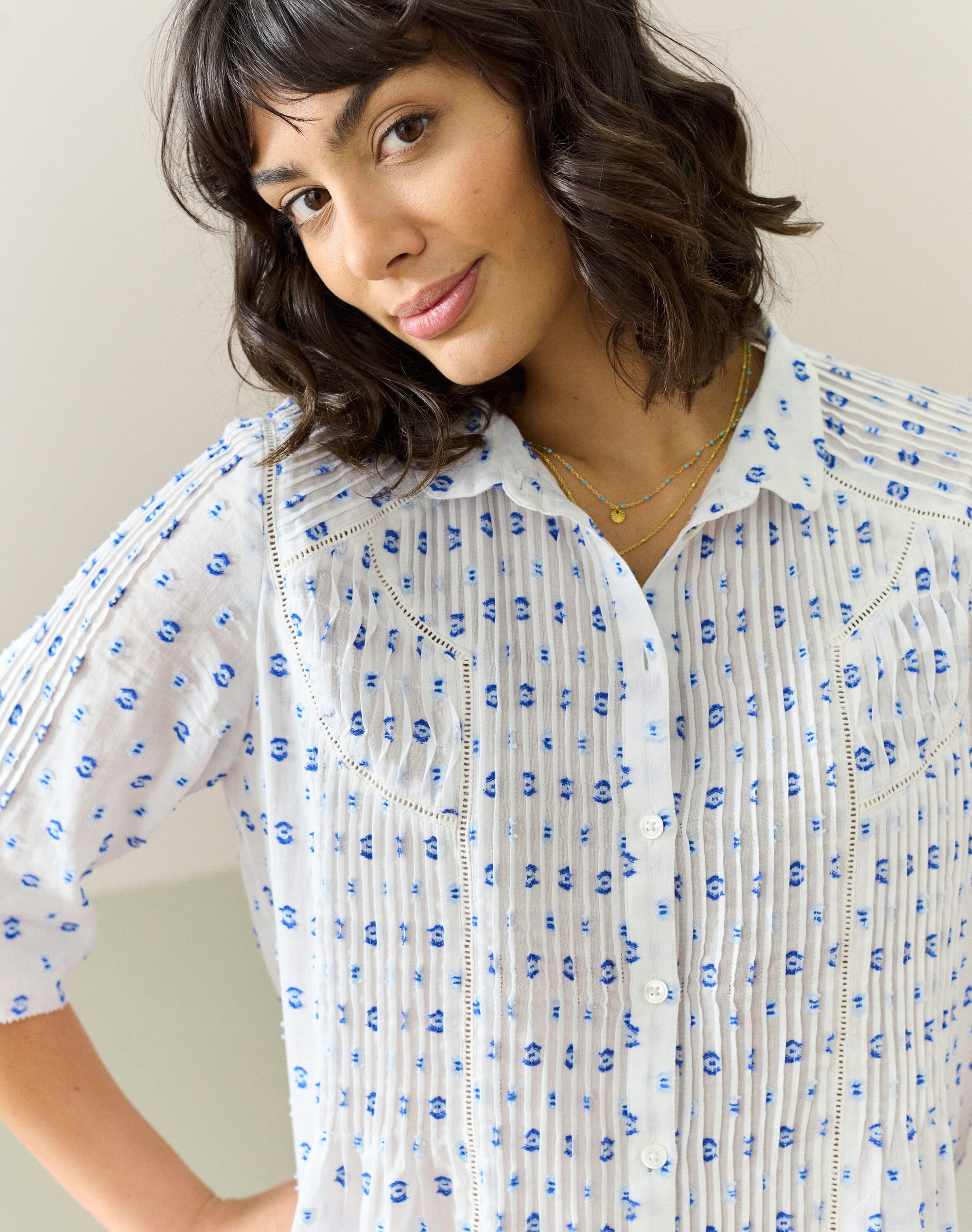 Cotton Dobby Pintuck Blouse