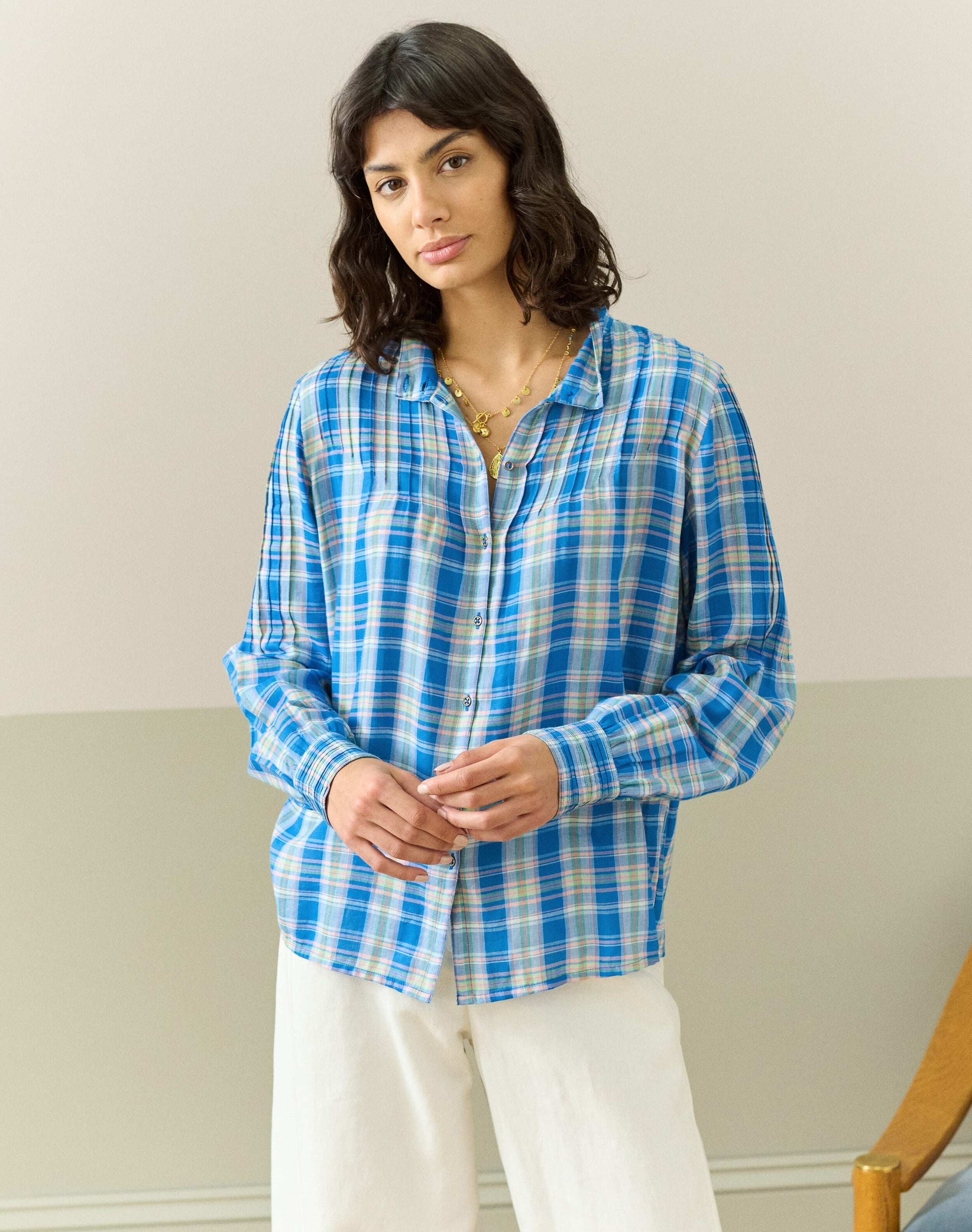 Cotton Check Pintuck Shirt