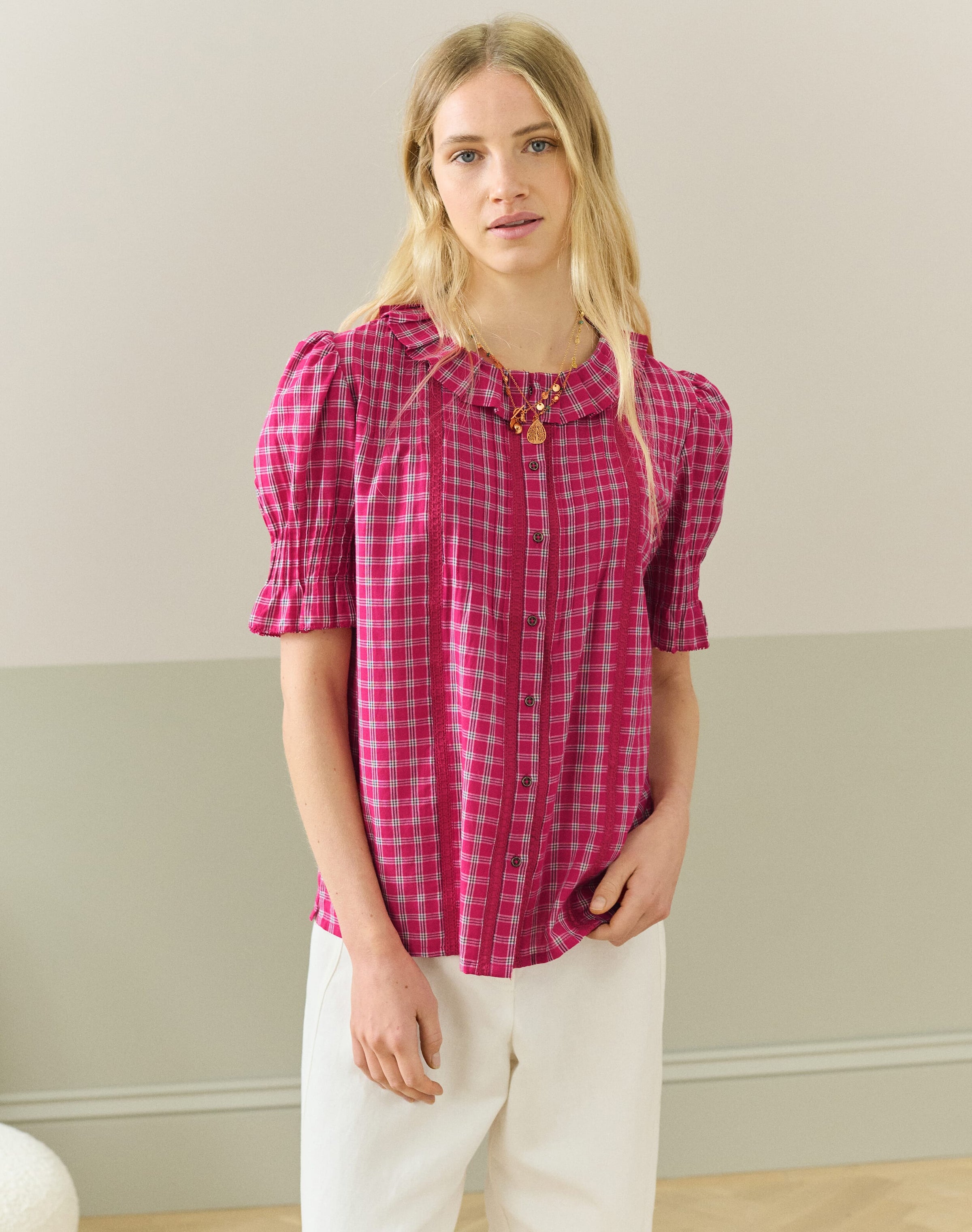 Cotton Check Pintuck Blouse