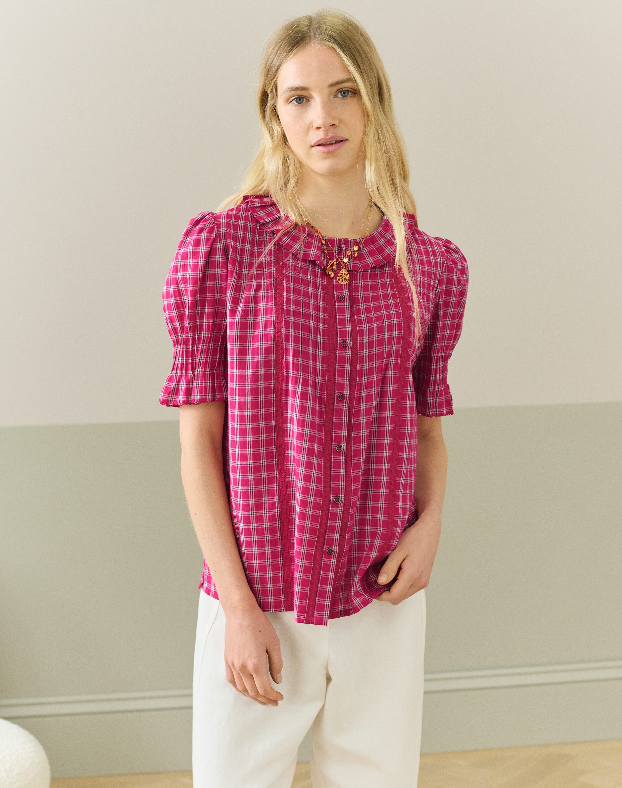 Cotton Check Pintuck Blouse