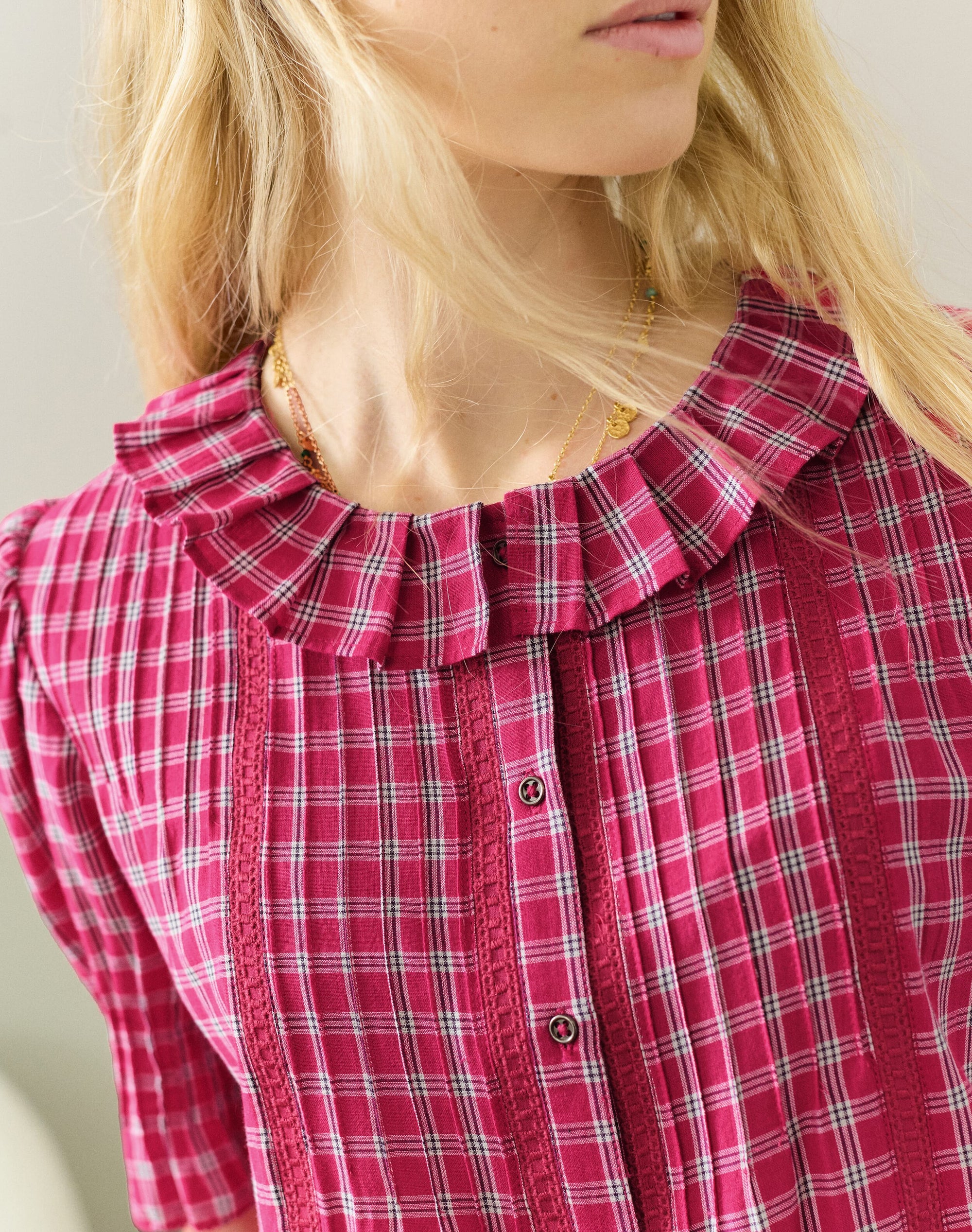 Cotton Check Pintuck Blouse