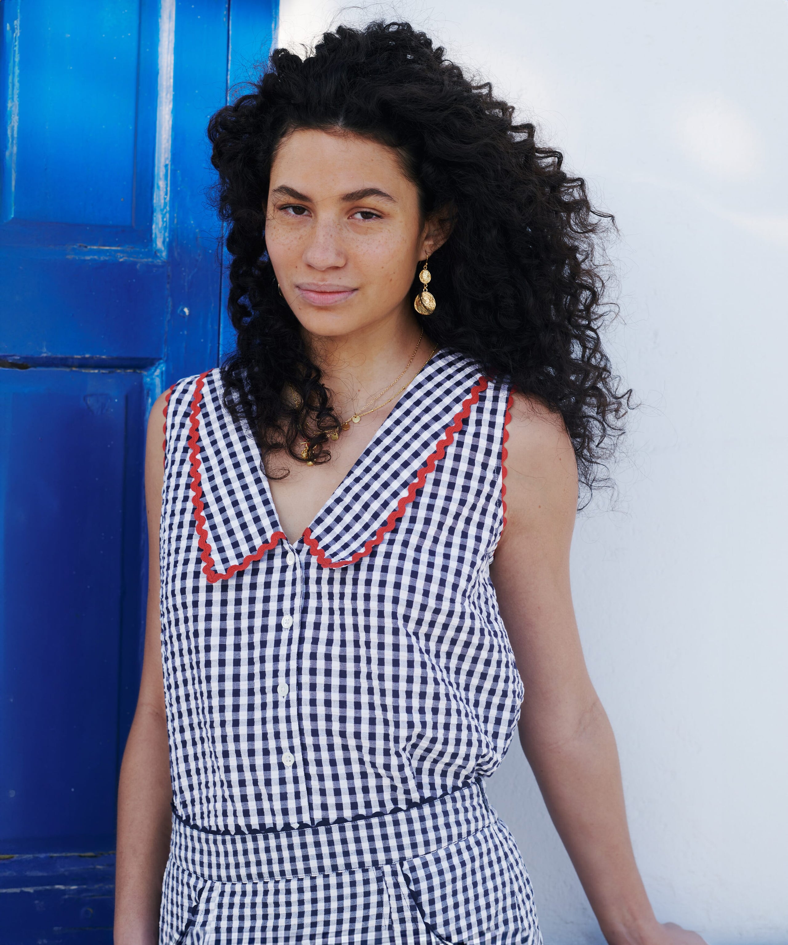 Cotton Gingham Sleeveless Blouse