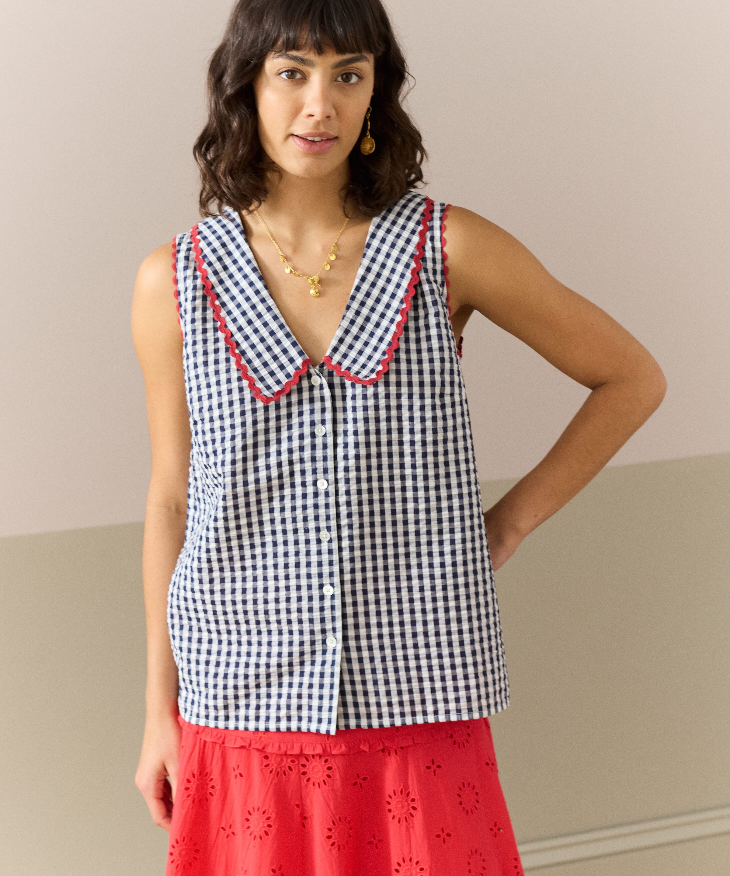 Cotton Gingham Sleeveless Blouse