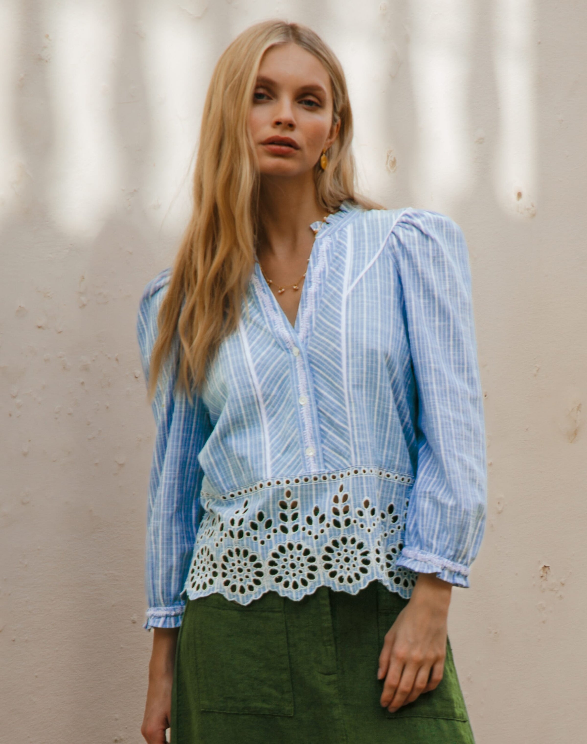 Cotton Stripe Embroidered Blouse