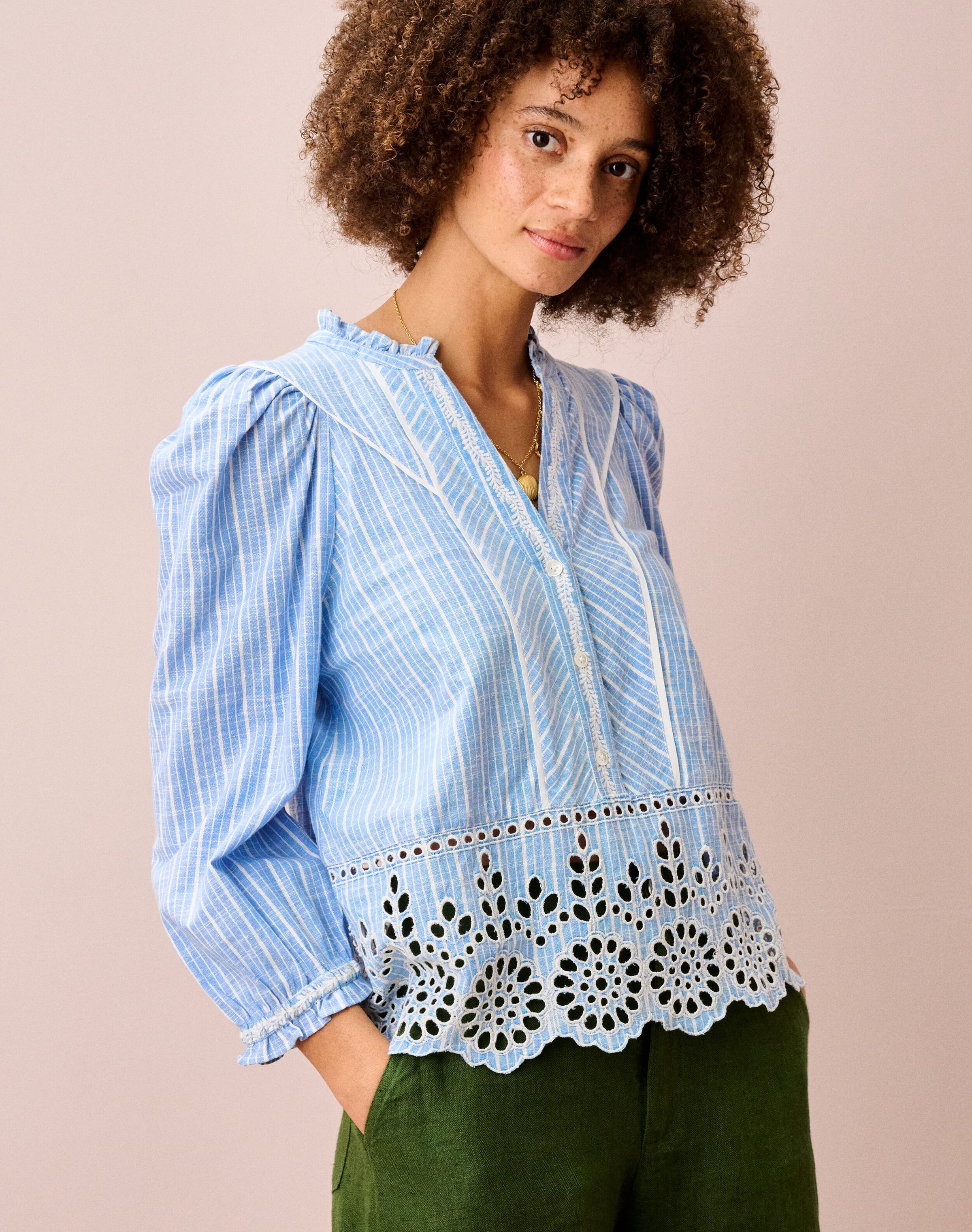Cotton Stripe Embroidered Blouse