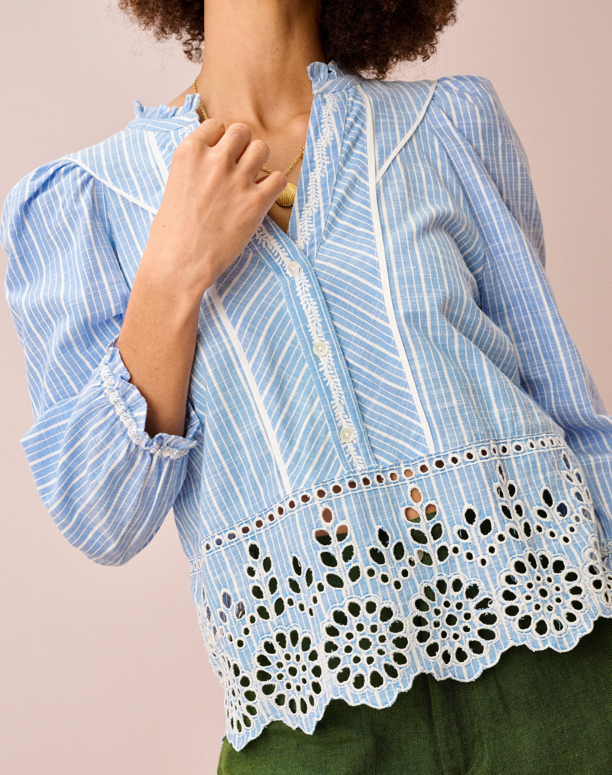 Cotton Stripe Embroidered Blouse