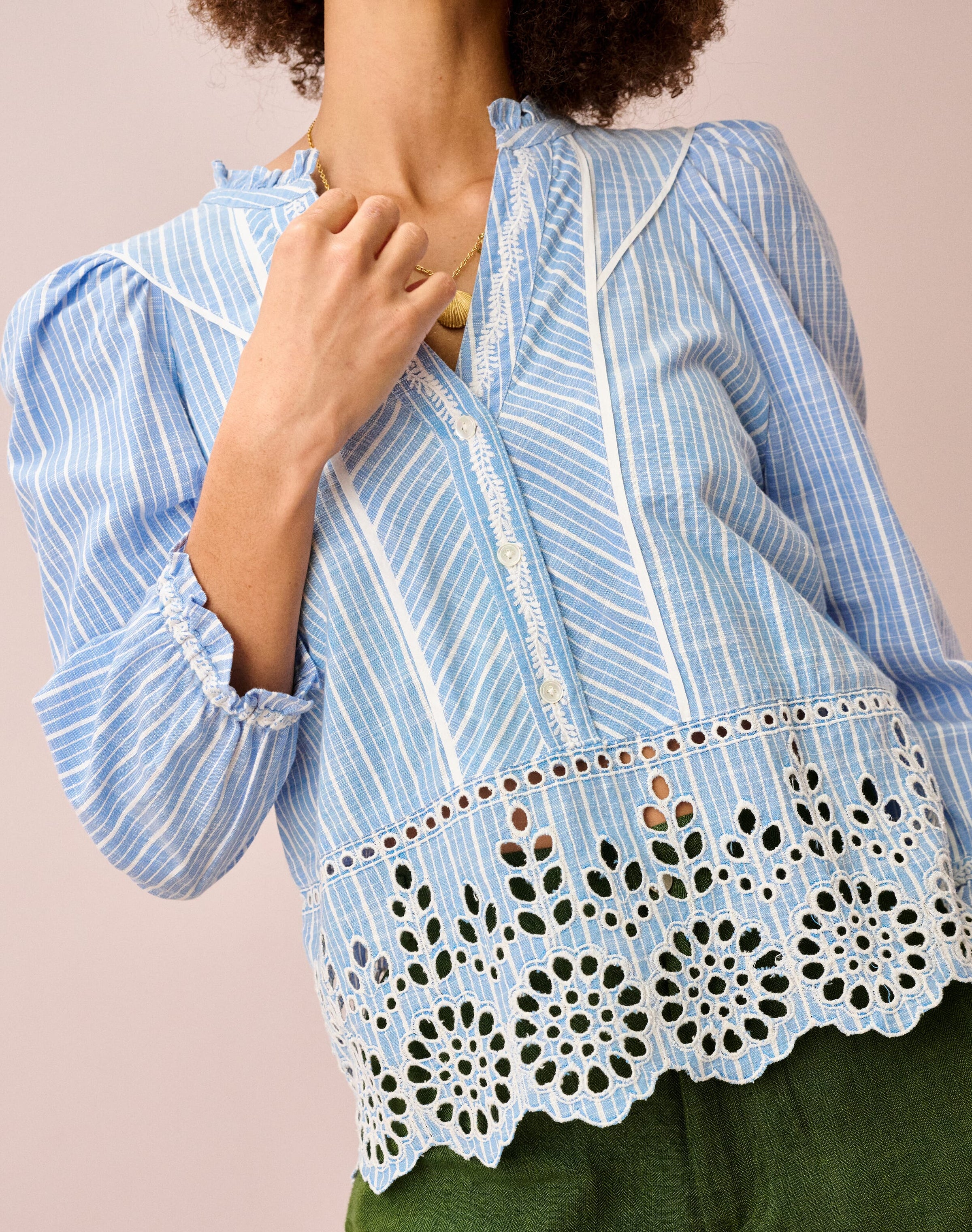 Cotton Stripe Embroidered Blouse