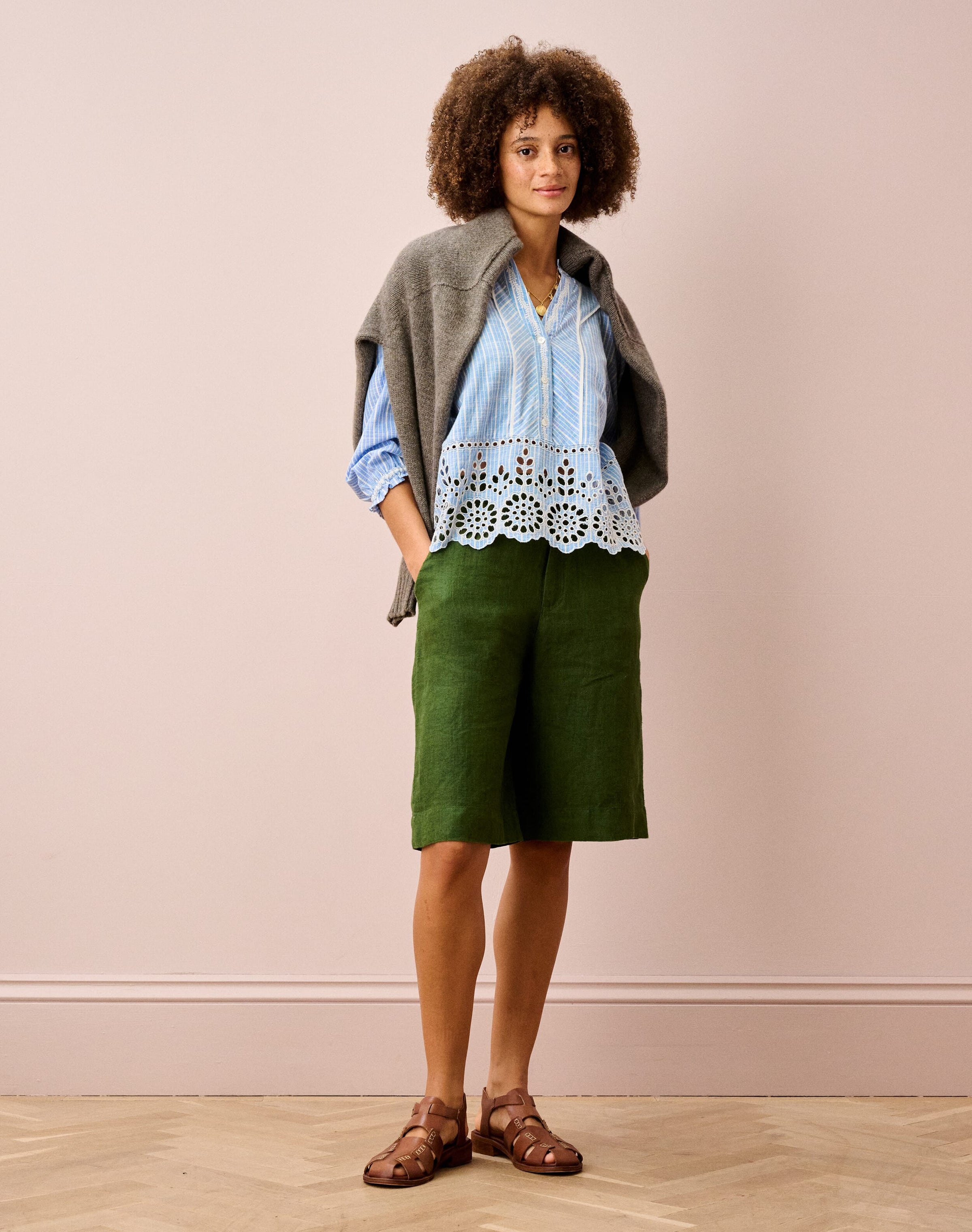 Cotton Stripe Embroidered Blouse