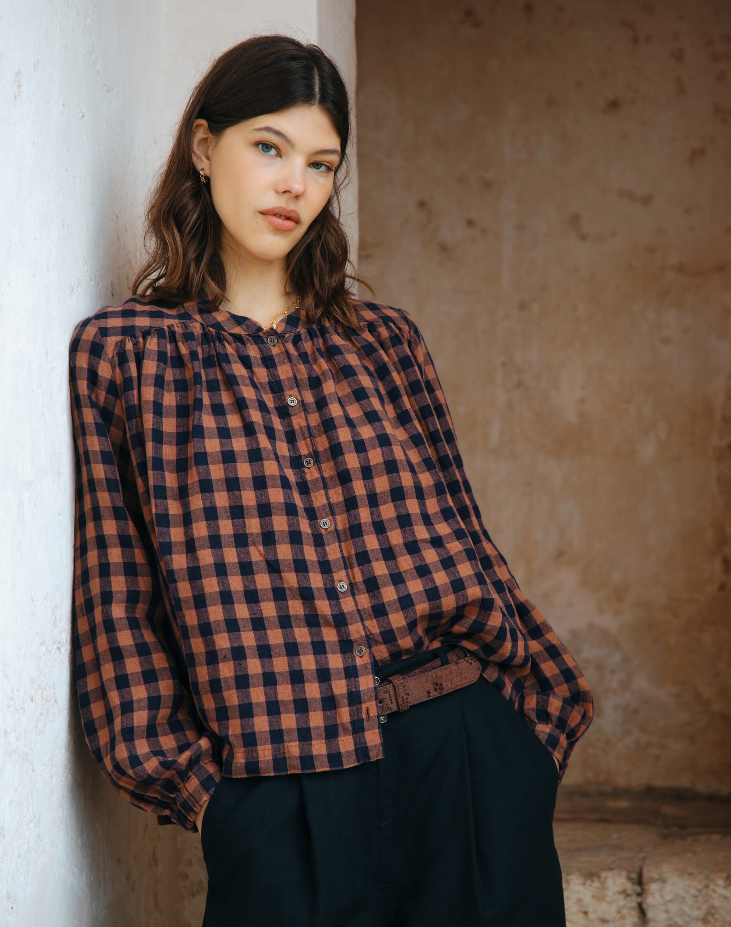 Gingham Linen Smock Blouse