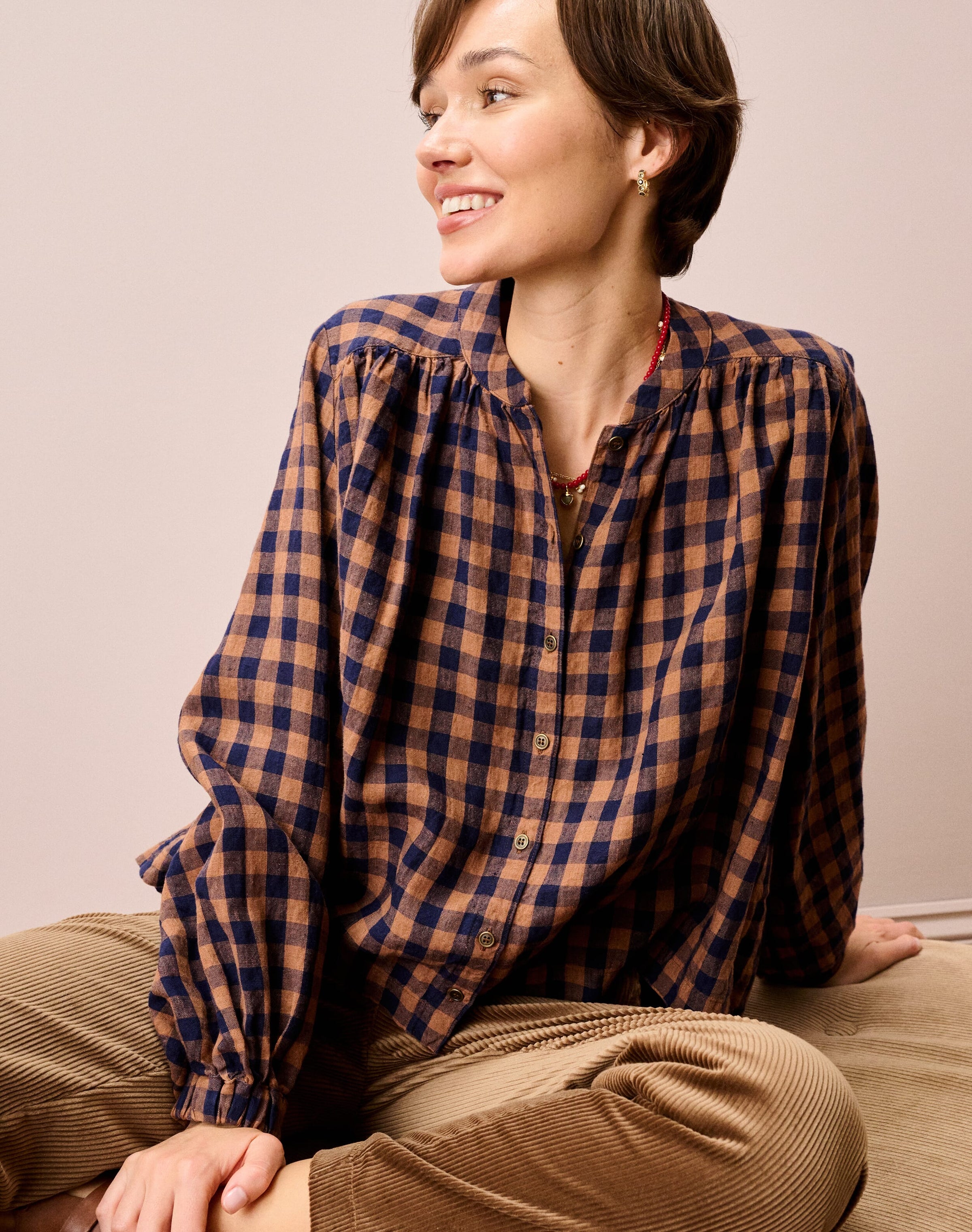 Gingham Linen Smock Blouse