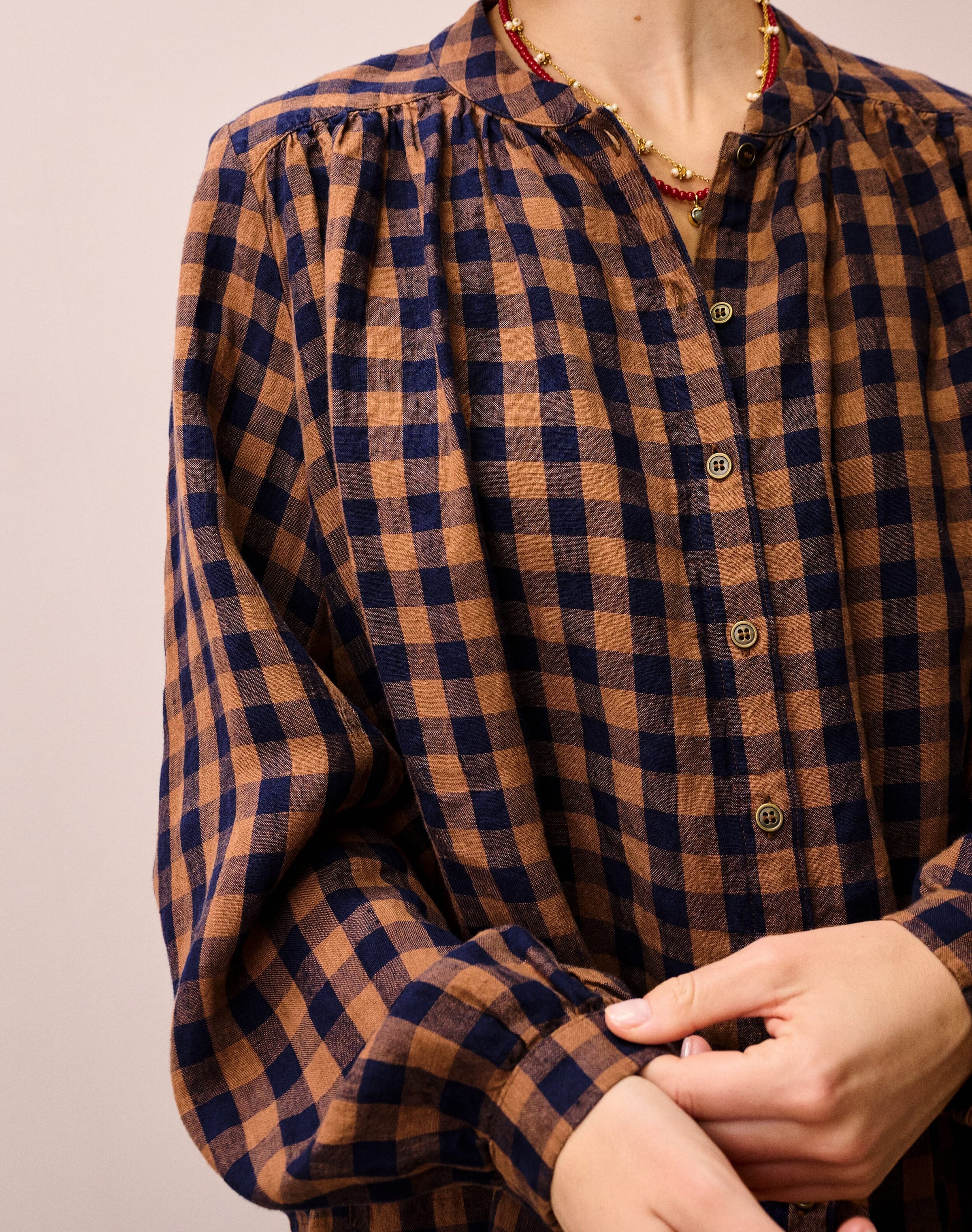 Gingham Linen Smock Blouse