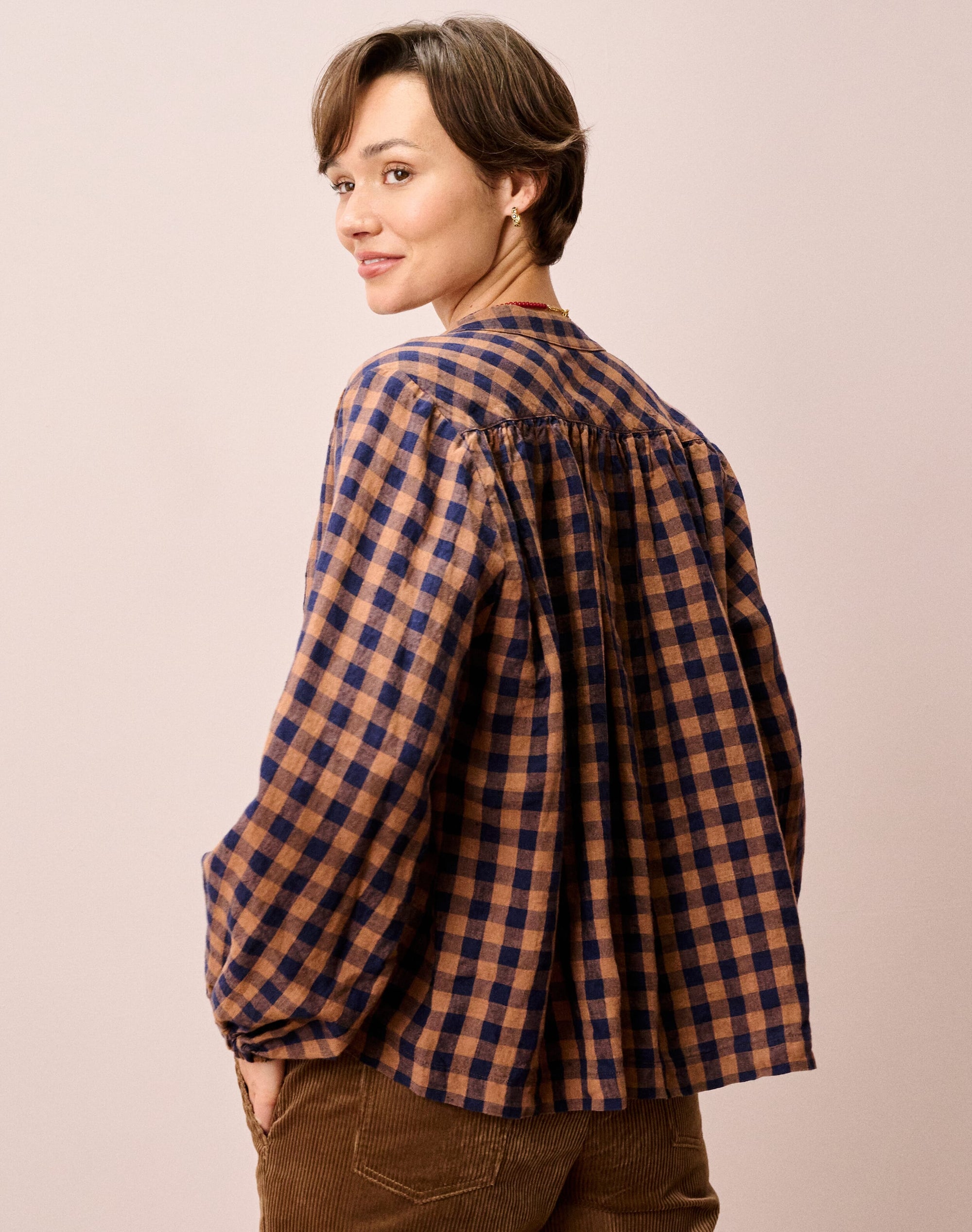 Gingham Linen Smock Blouse