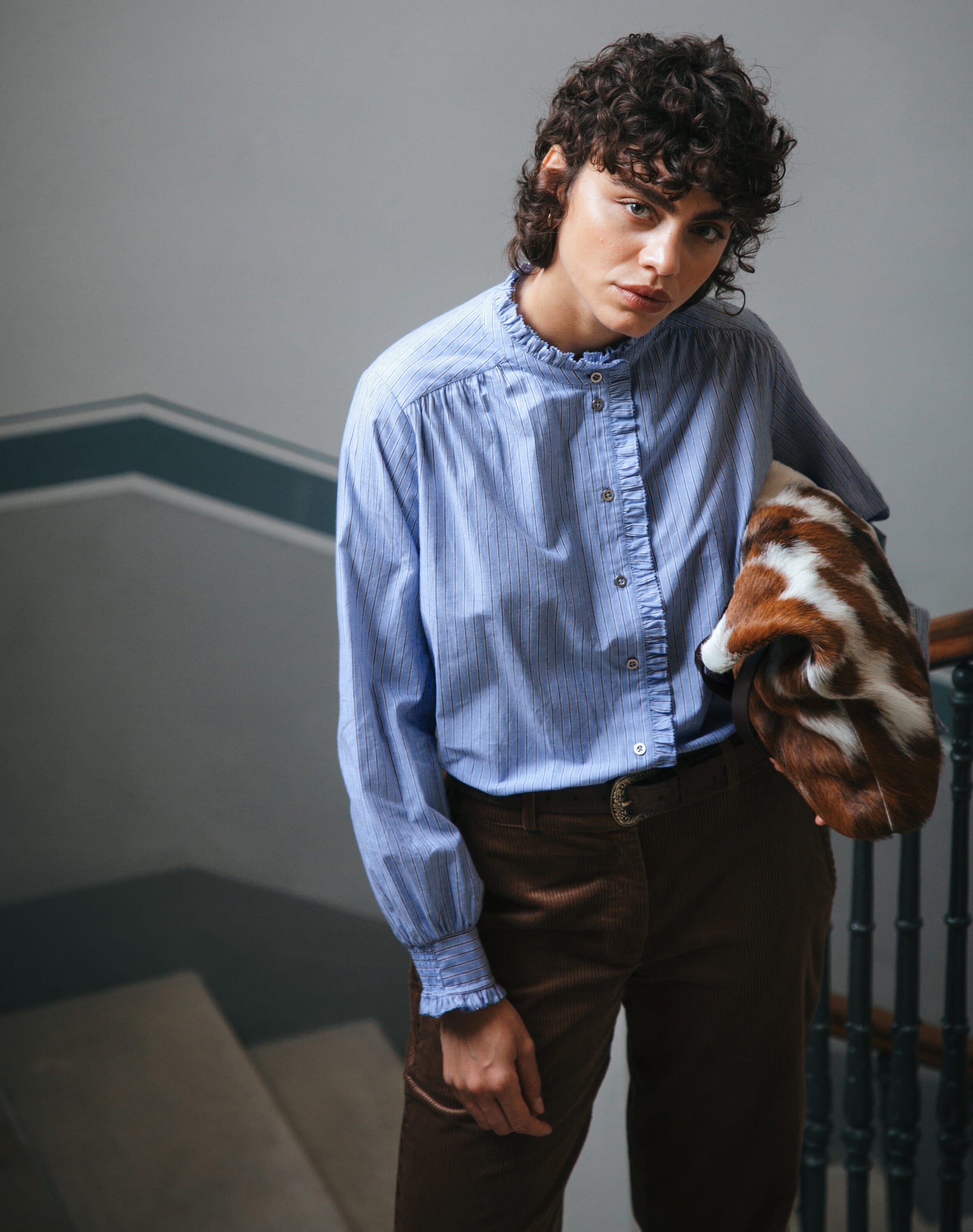 Cotton Stripe Frill Shirt