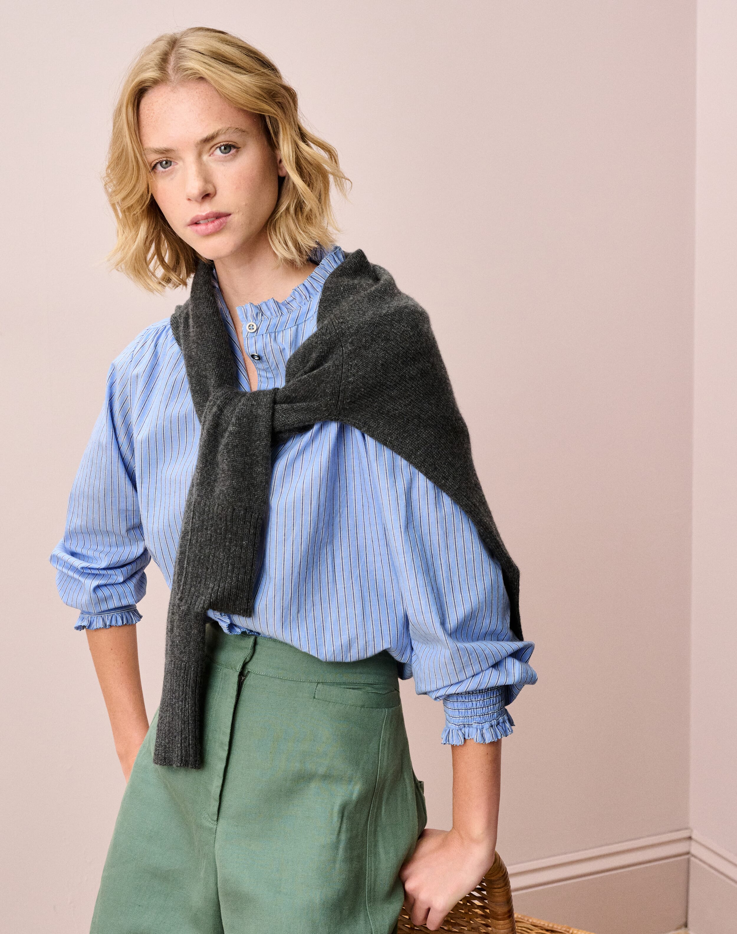Cotton Stripe Frill Shirt