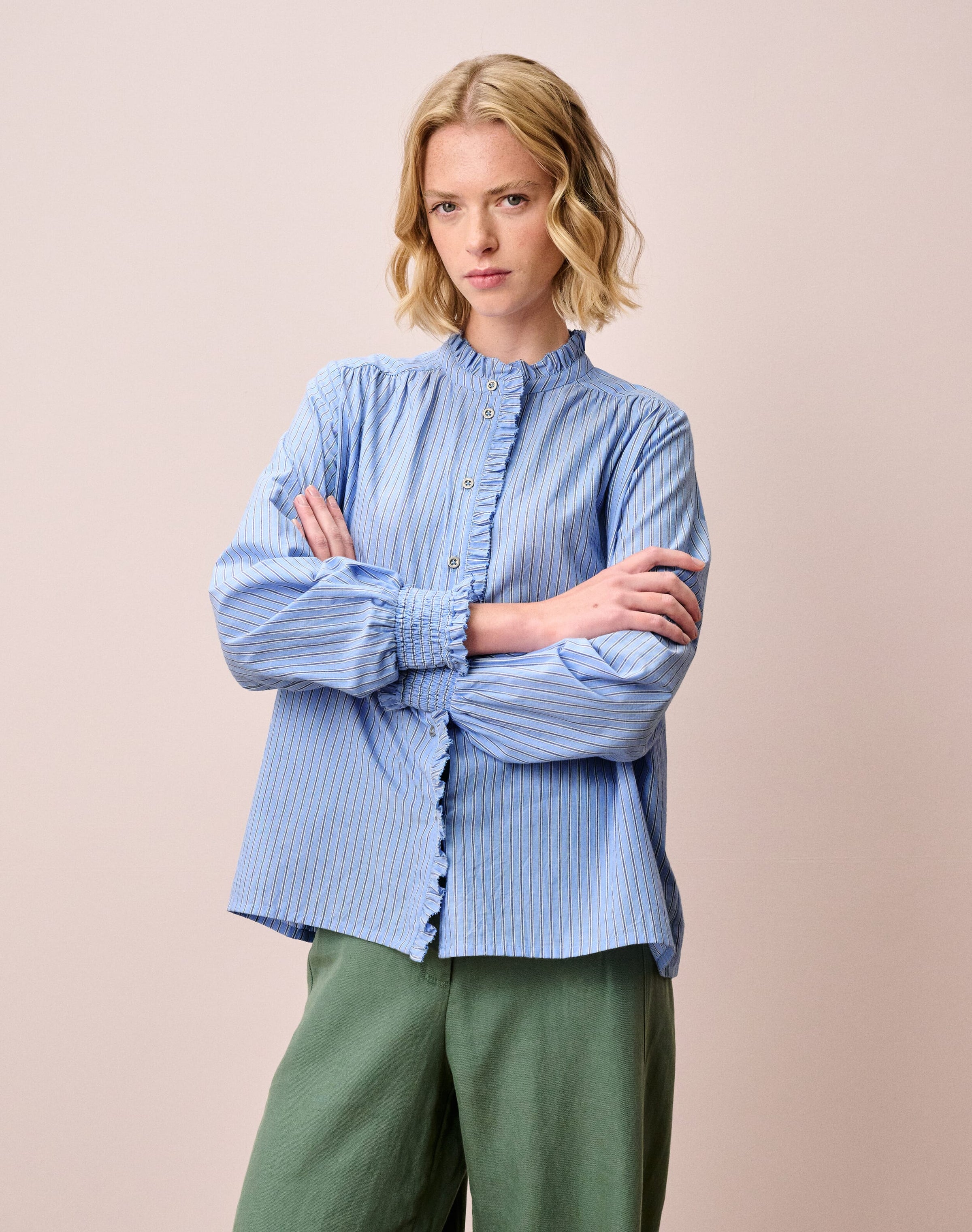 Cotton Stripe Frill Shirt