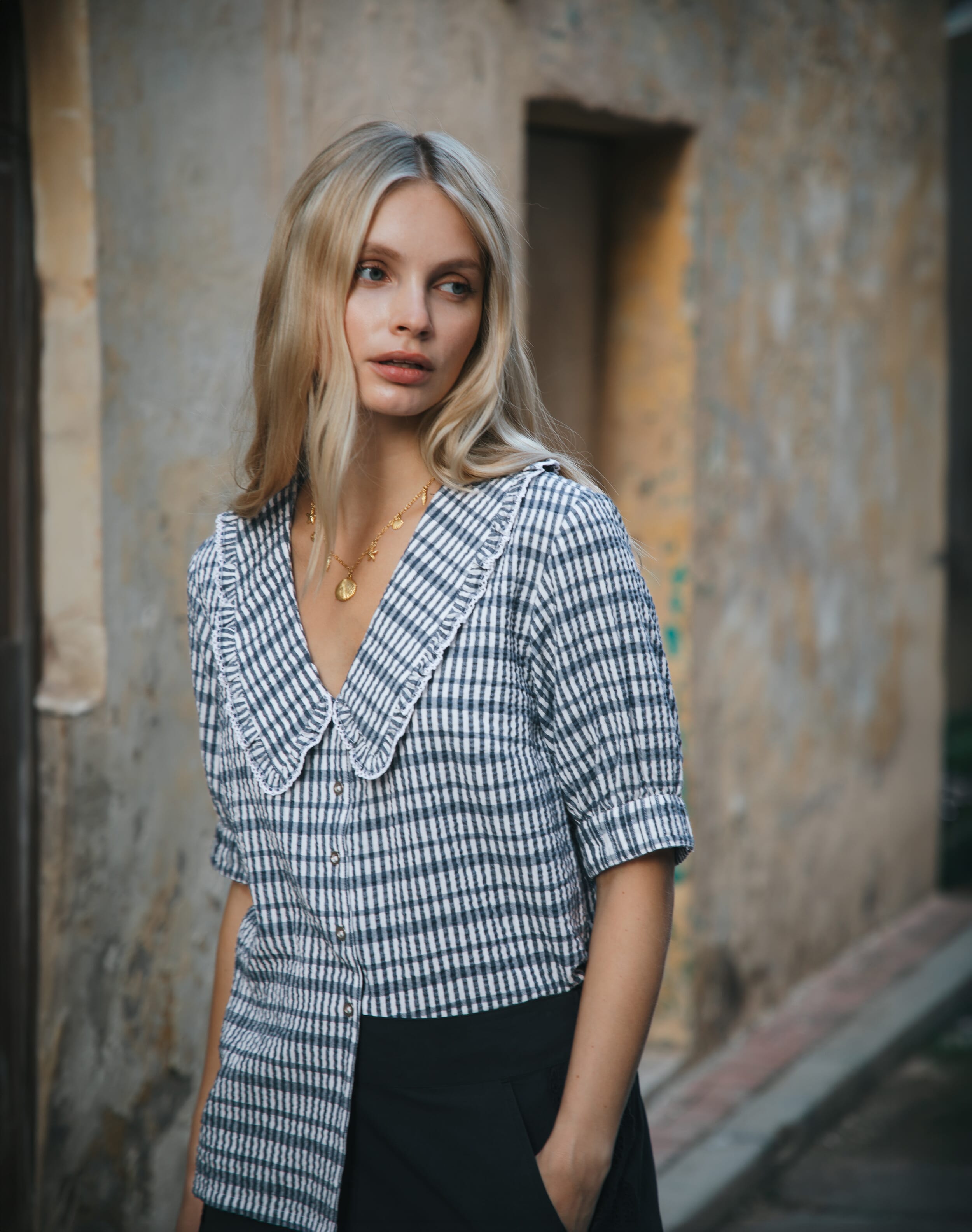 Cotton Seersucker Gingham Blouse