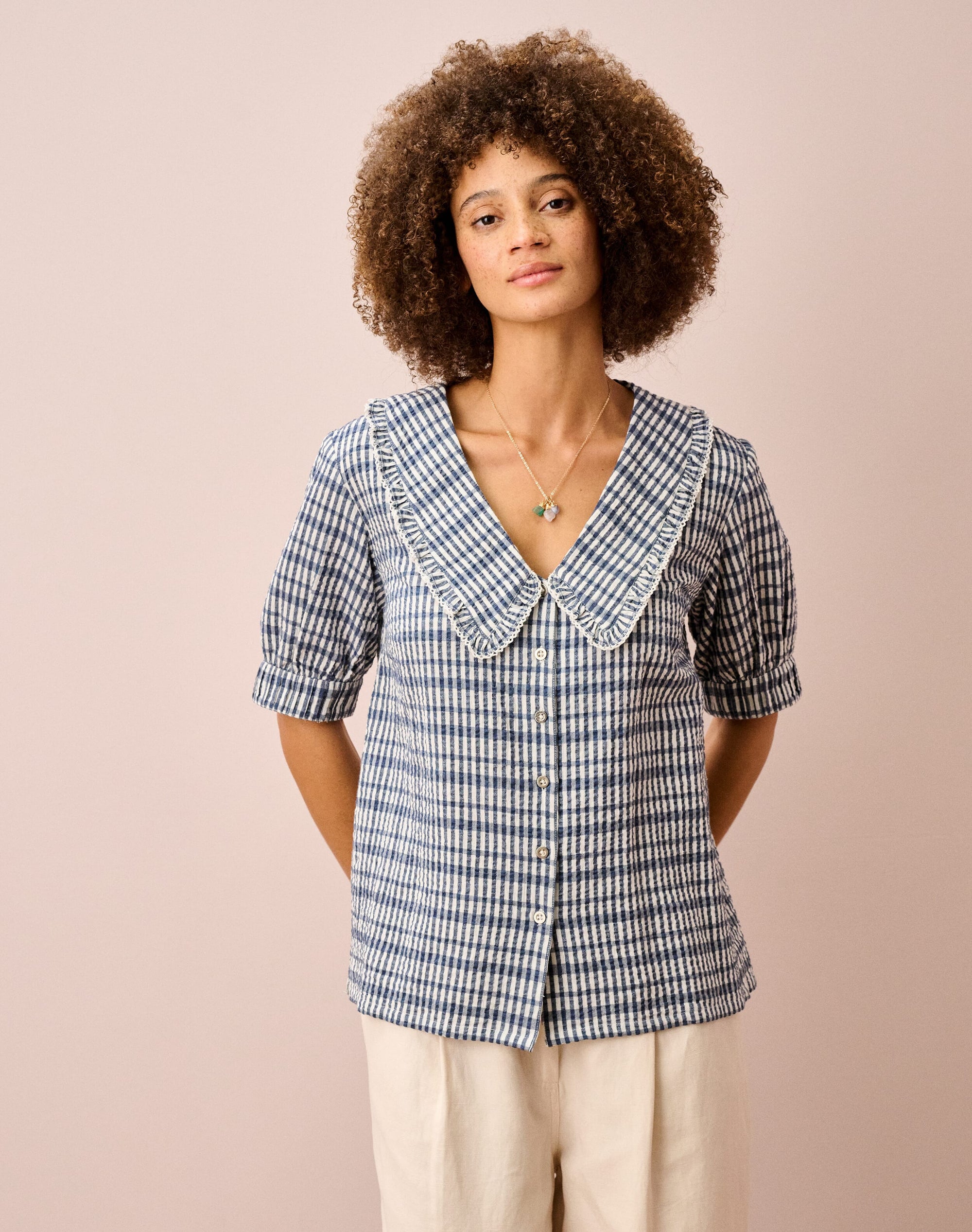 Cotton Seersucker Gingham Blouse
