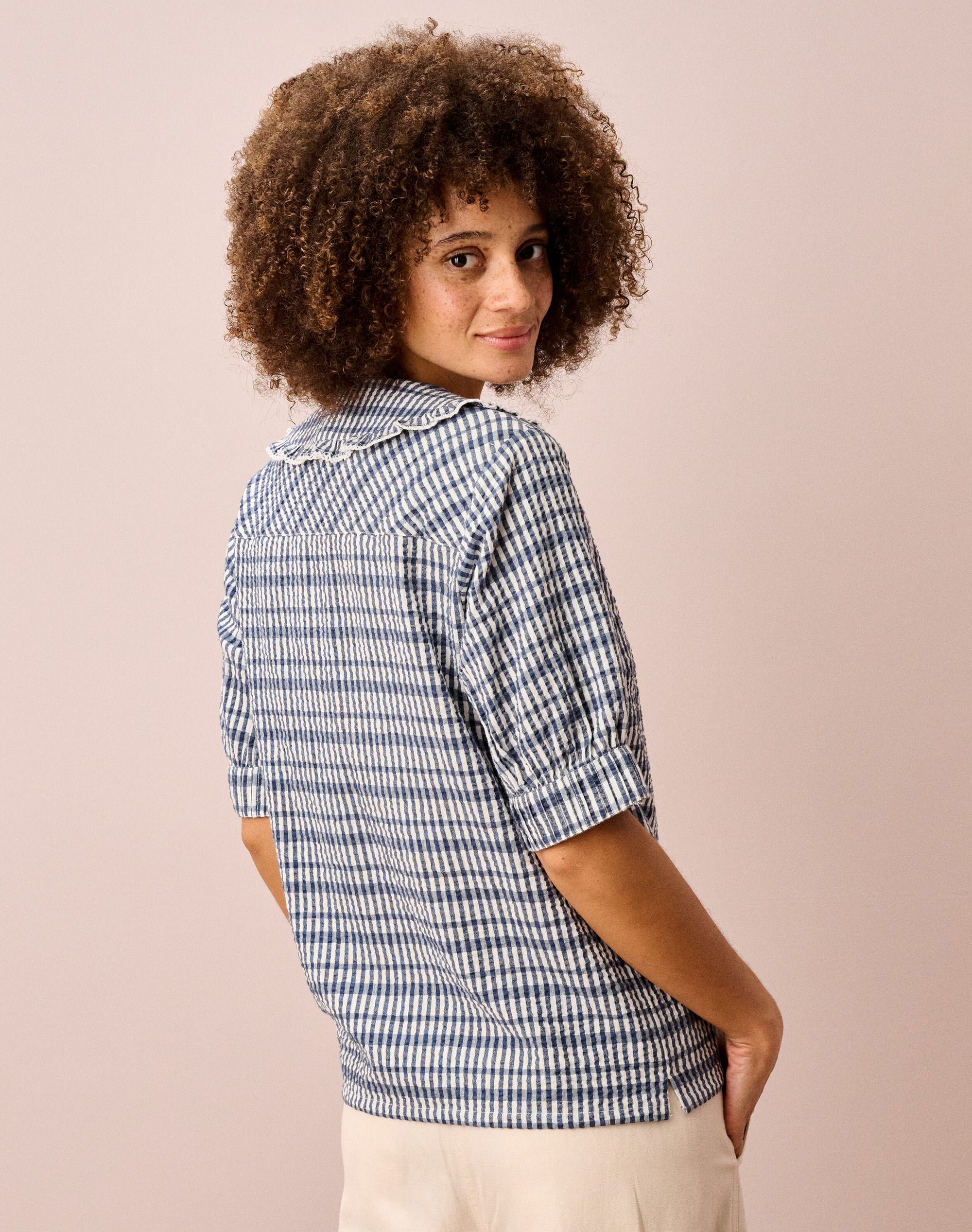 Cotton Seersucker Gingham Blouse