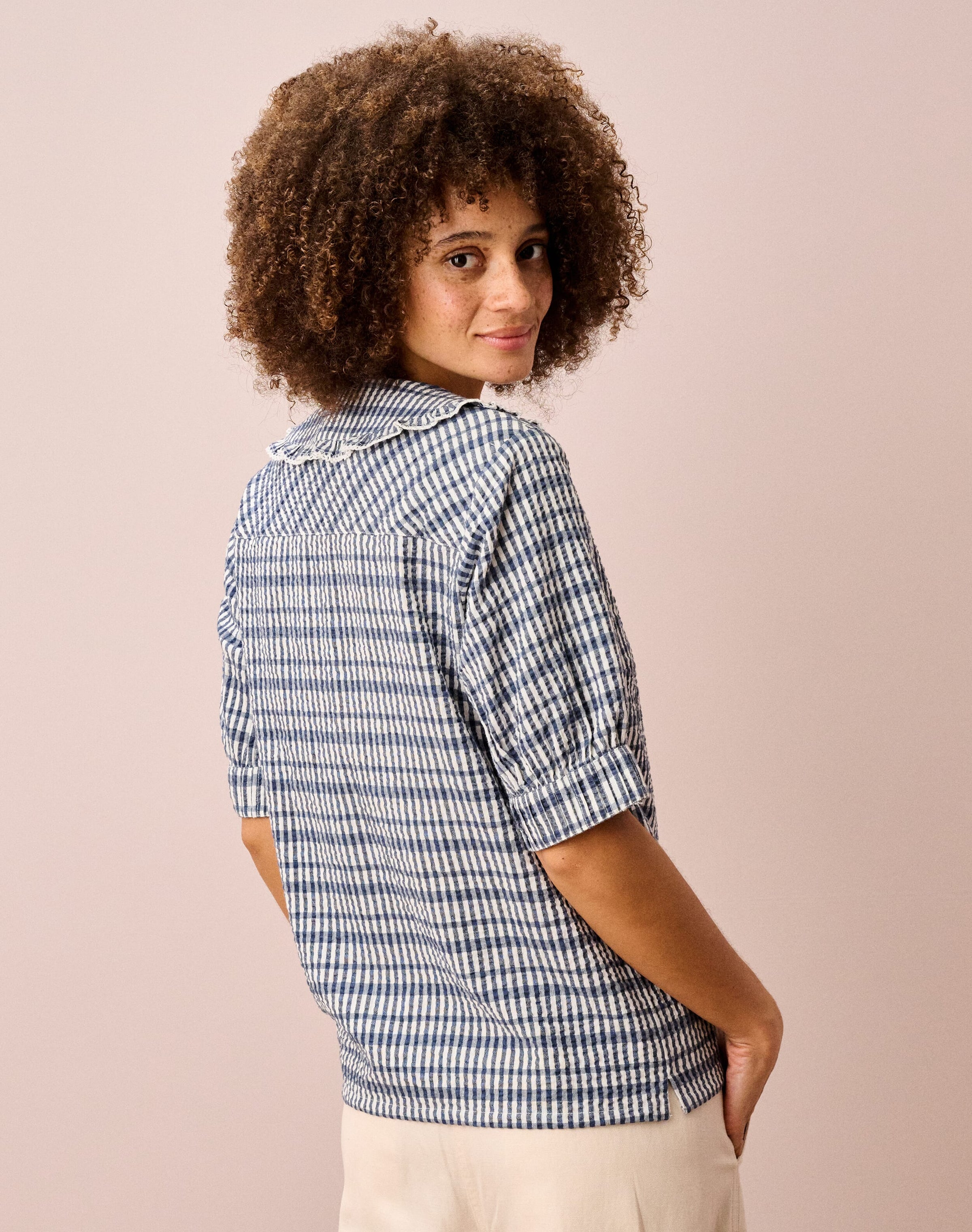 Cotton Seersucker Gingham Blouse