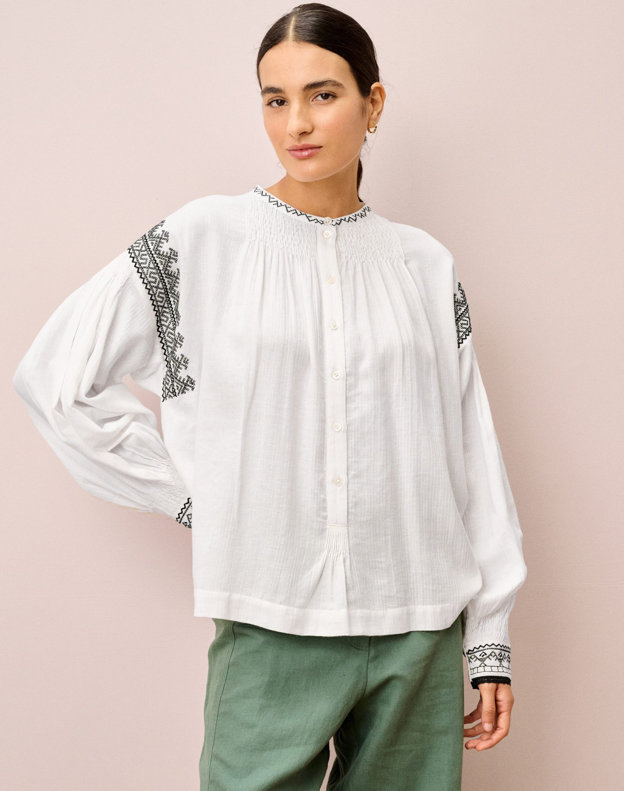 Cotton Embroidered Smock Blouse