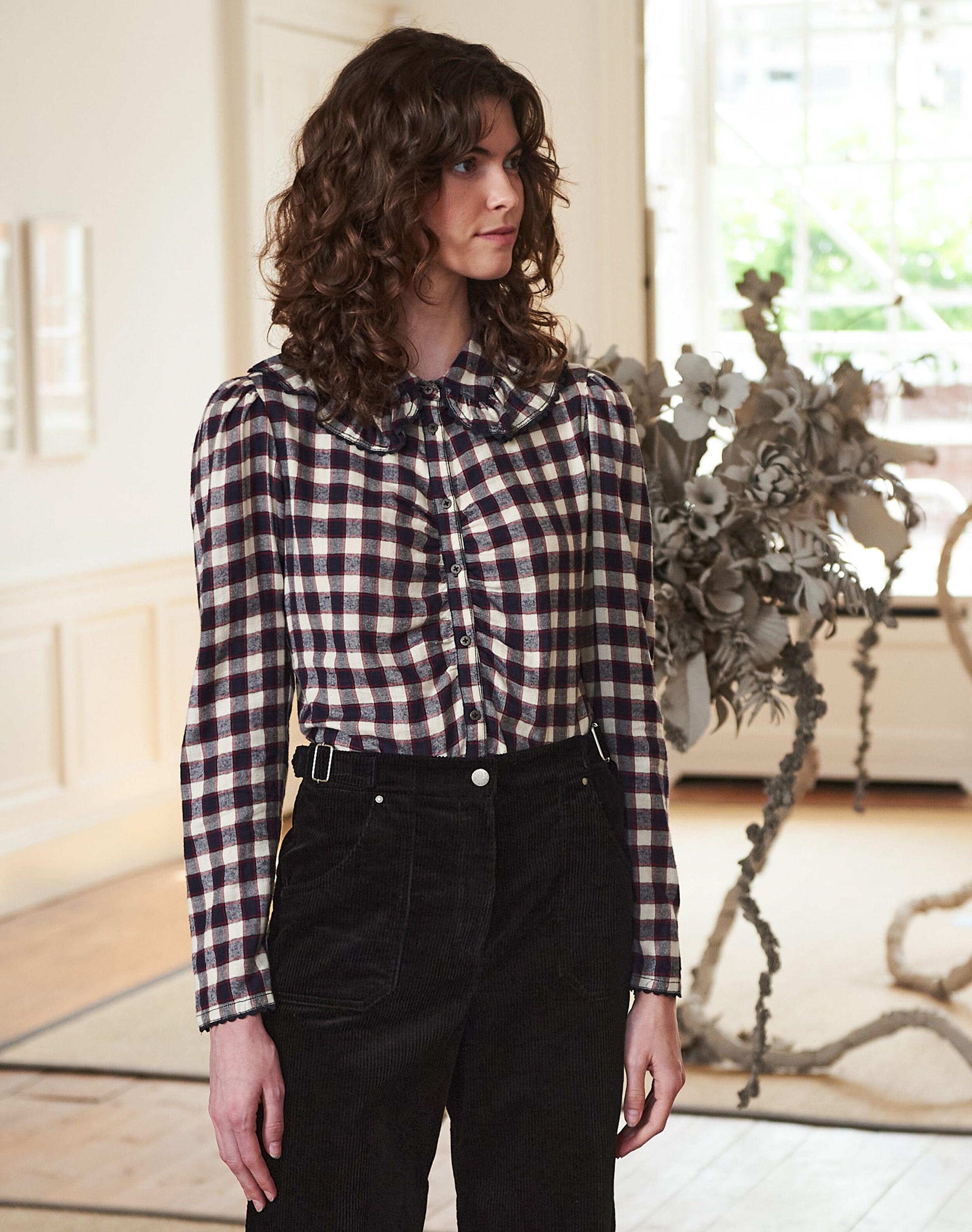 Brushed Cotton Check Ruched Shirt