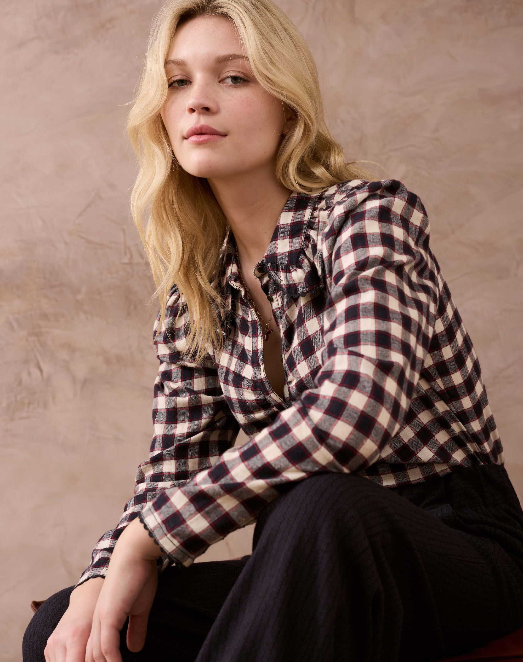 Brushed Cotton Check Ruched Shirt