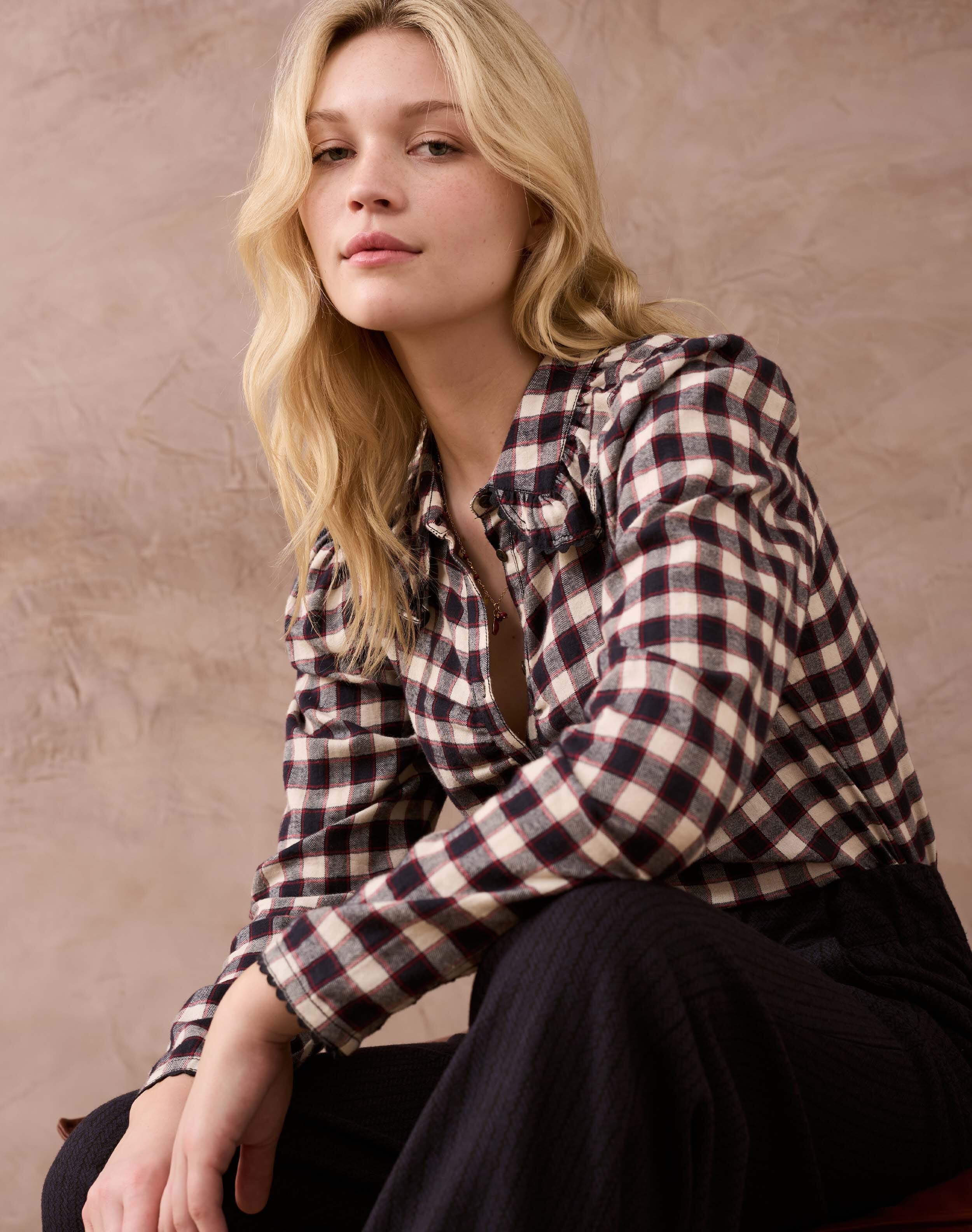 Brushed Cotton Check Ruched Shirt