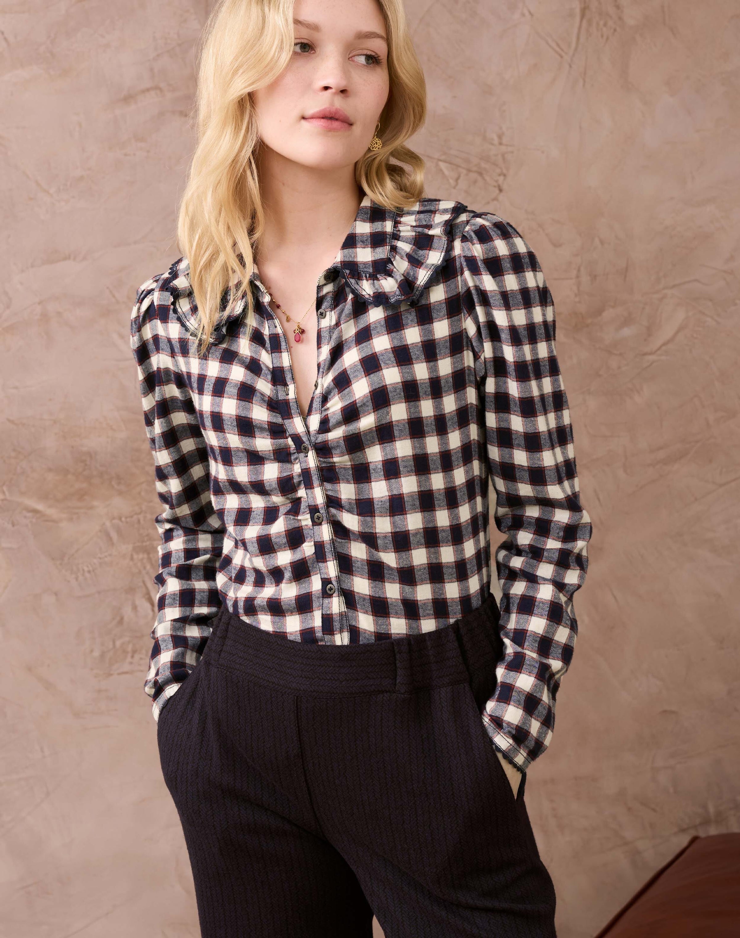 Brushed Cotton Check Ruched Shirt