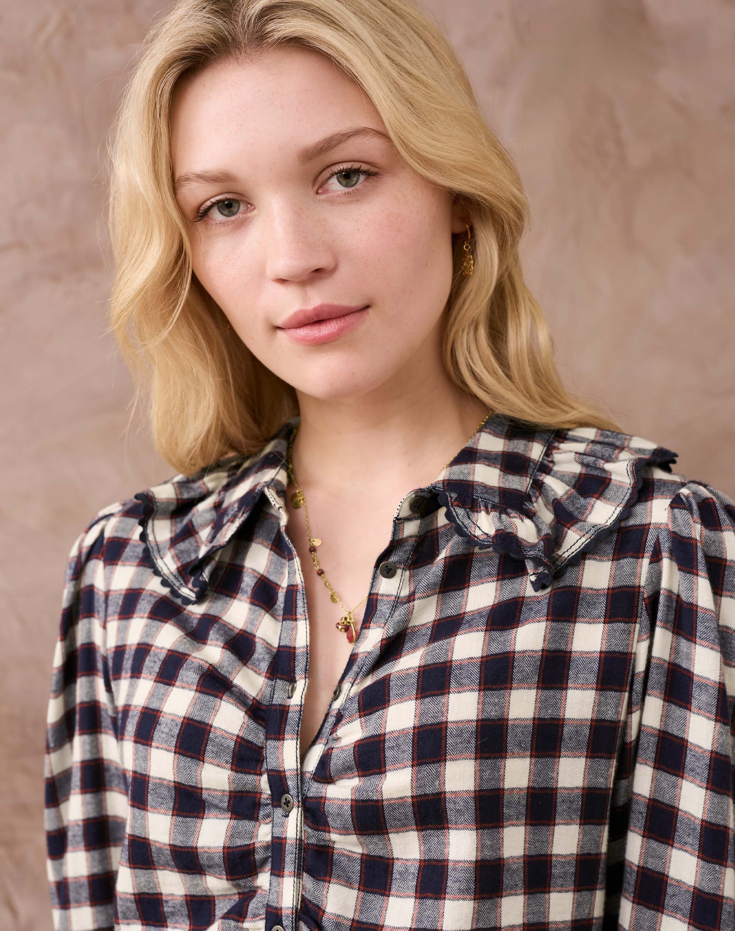 Brushed Cotton Check Ruched Shirt