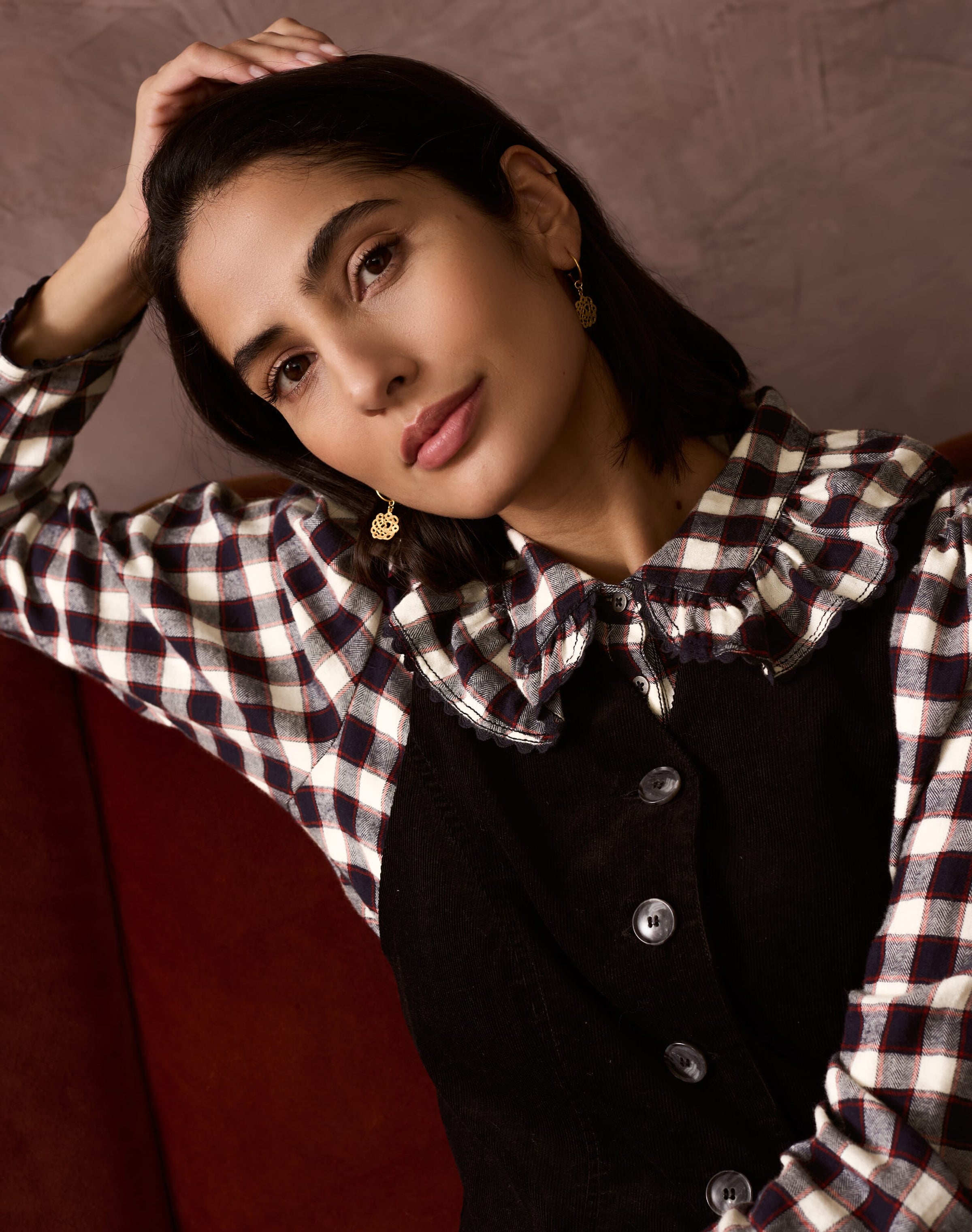 Brushed Cotton Check Ruched Shirt