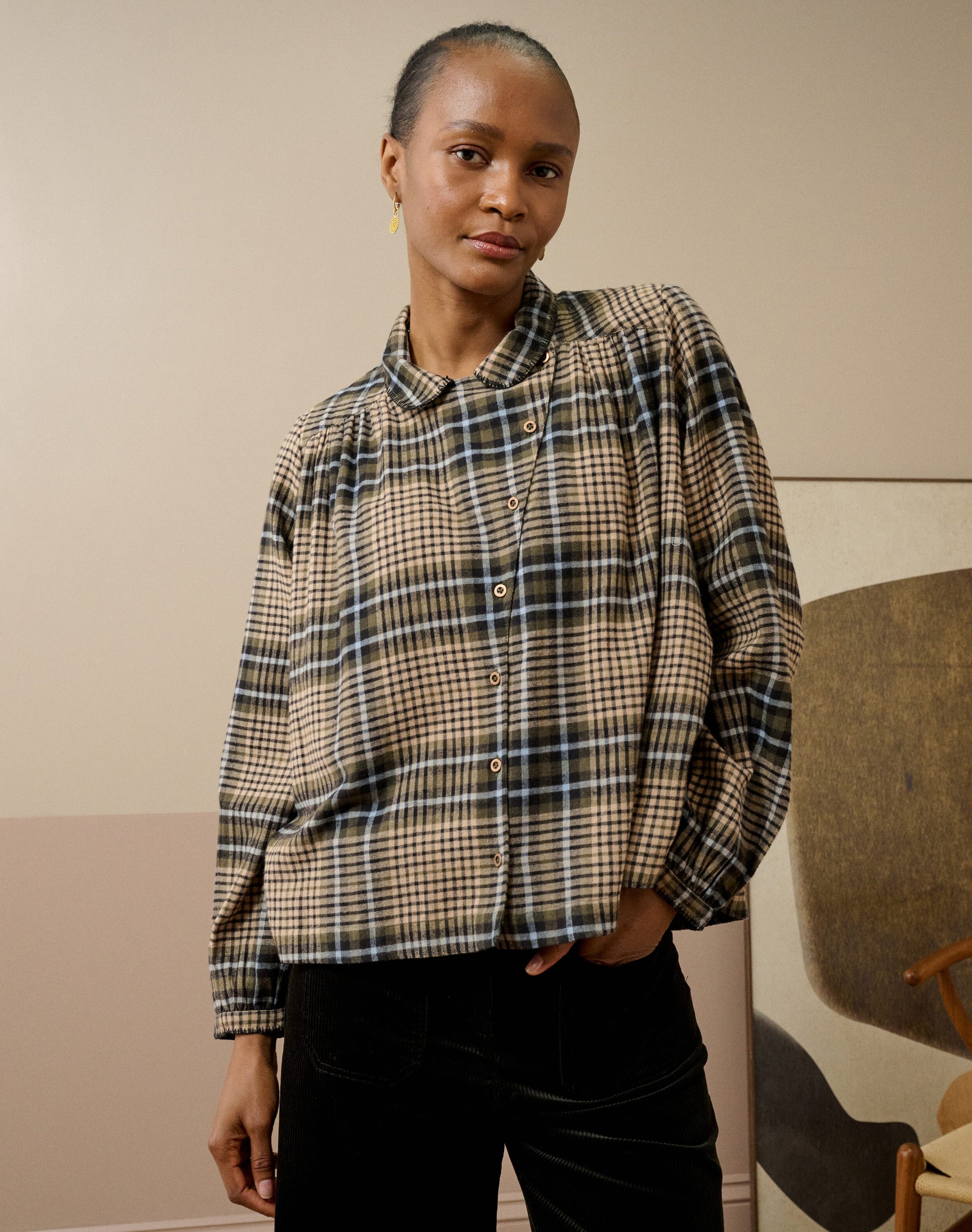 Brushed Cotton Check Smock Blouse