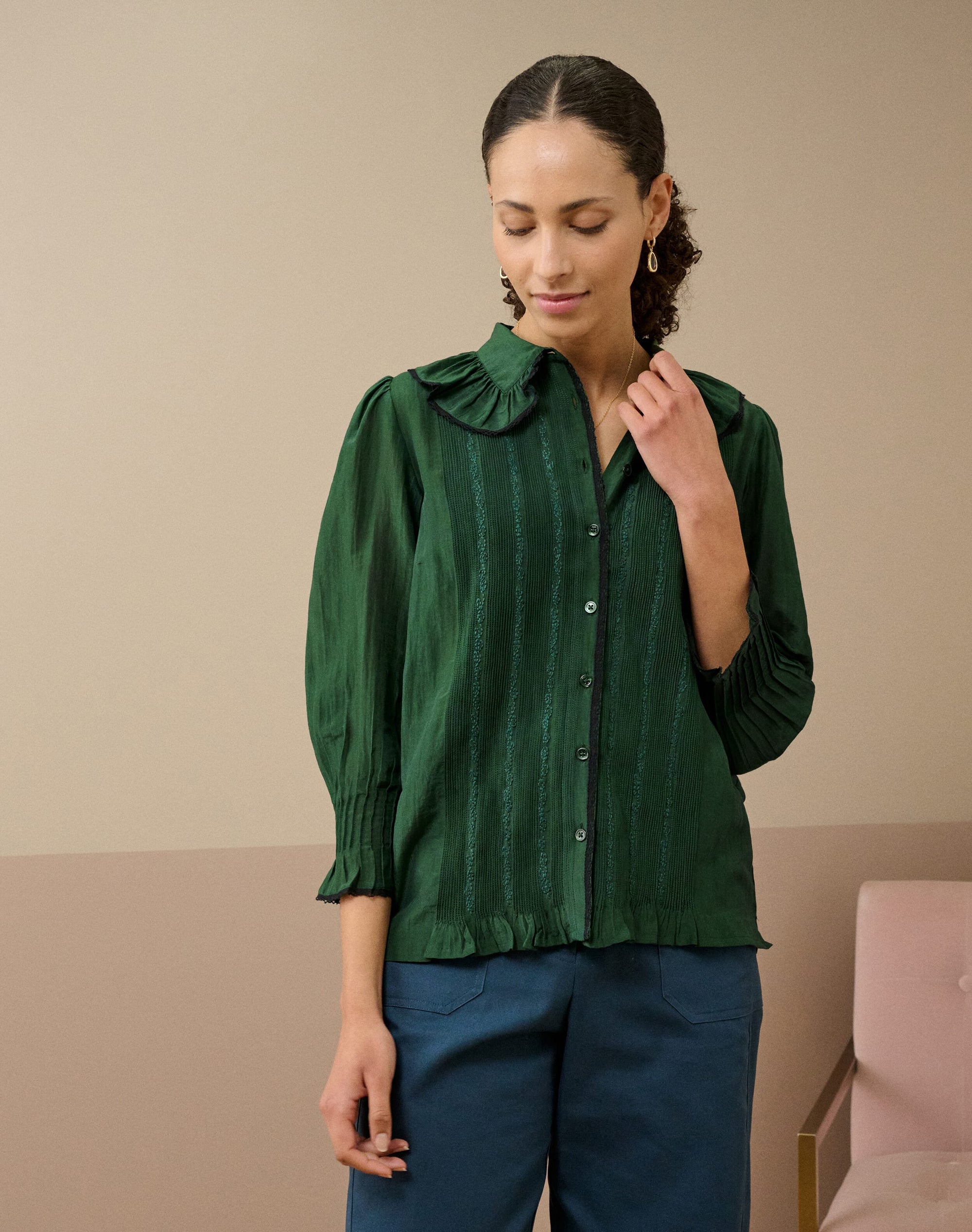 Silk Cotton Frill Collar Shirt