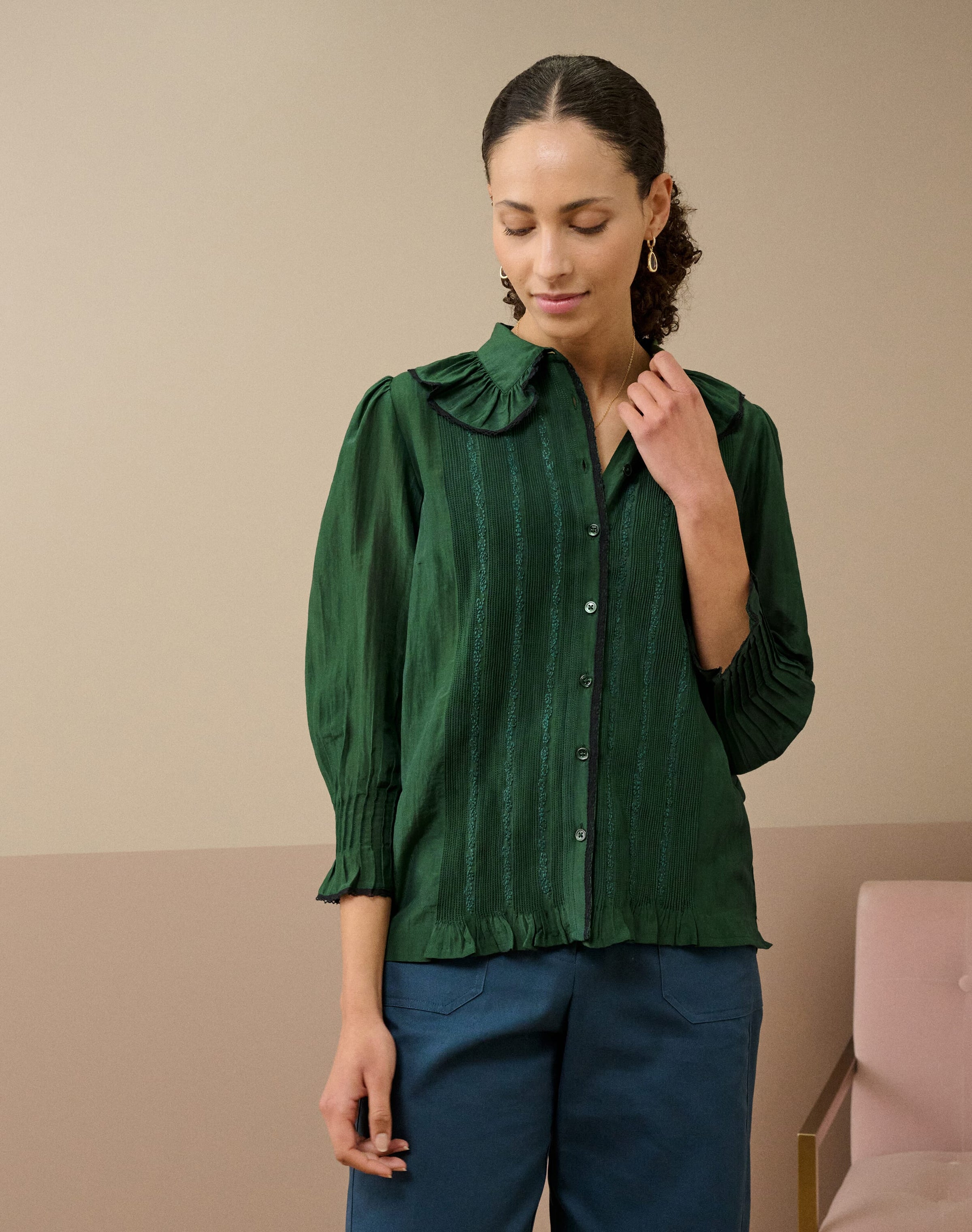 Silk Cotton Frill Collar Shirt