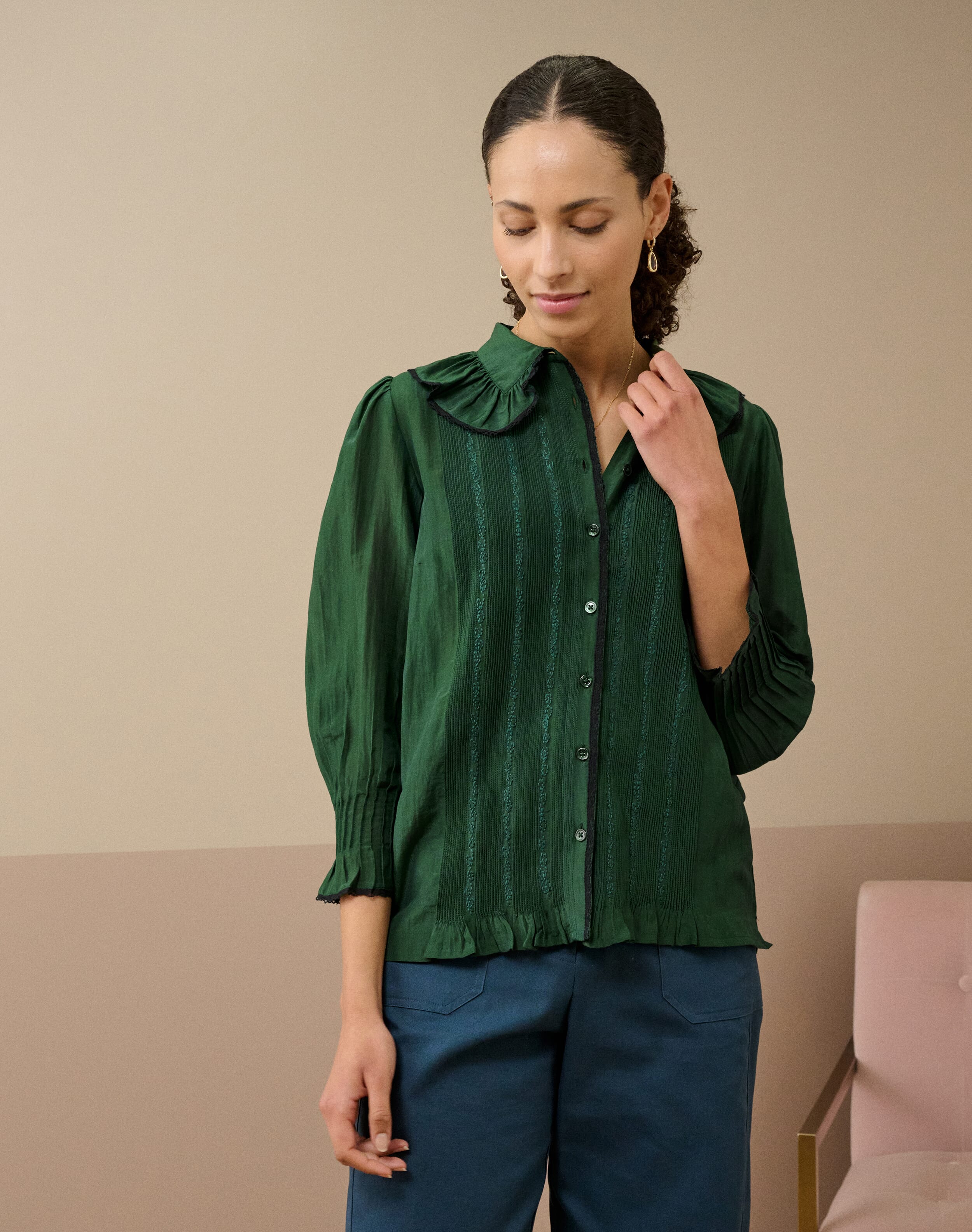 Silk Cotton Frill Collar Shirt