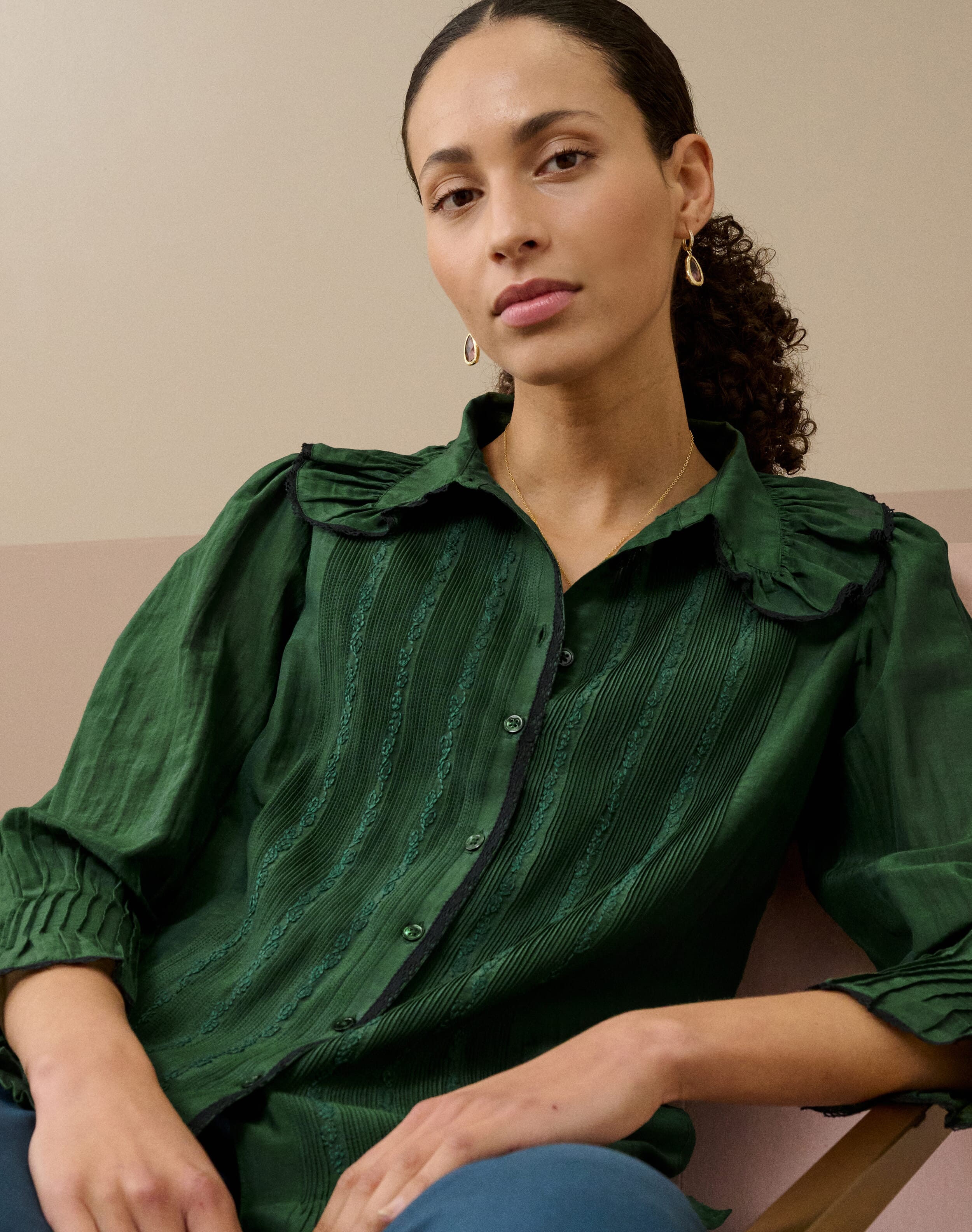 Silk Cotton Frill Collar Shirt