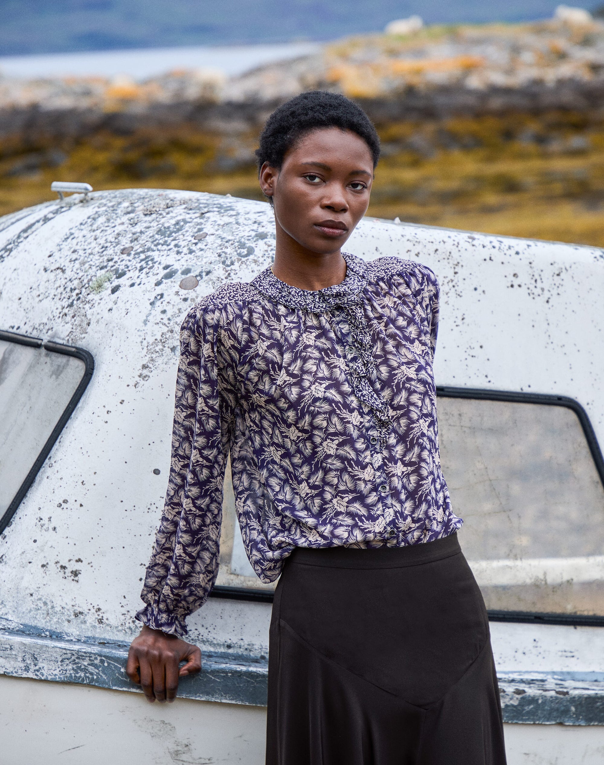 Silk Patchwork Print Ruffle Blouse