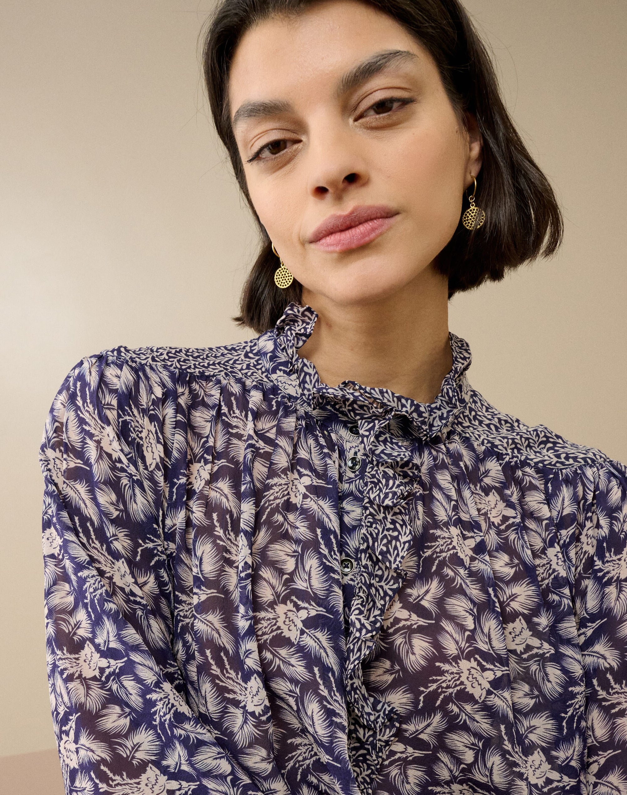 Silk Patchwork Print Ruffle Blouse