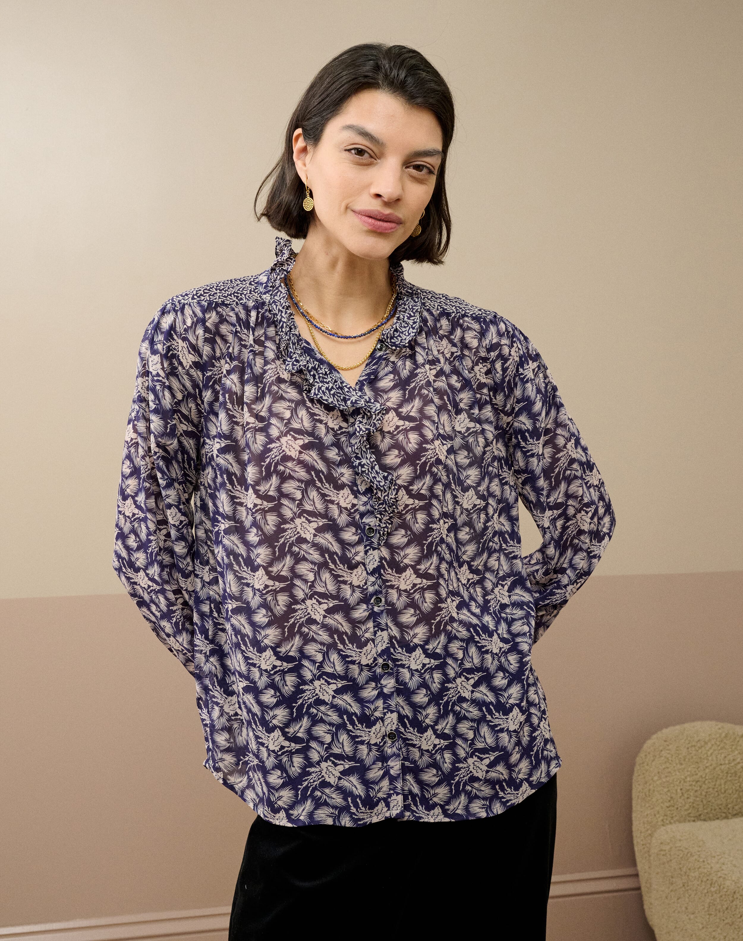 Silk Patchwork Print Ruffle Blouse