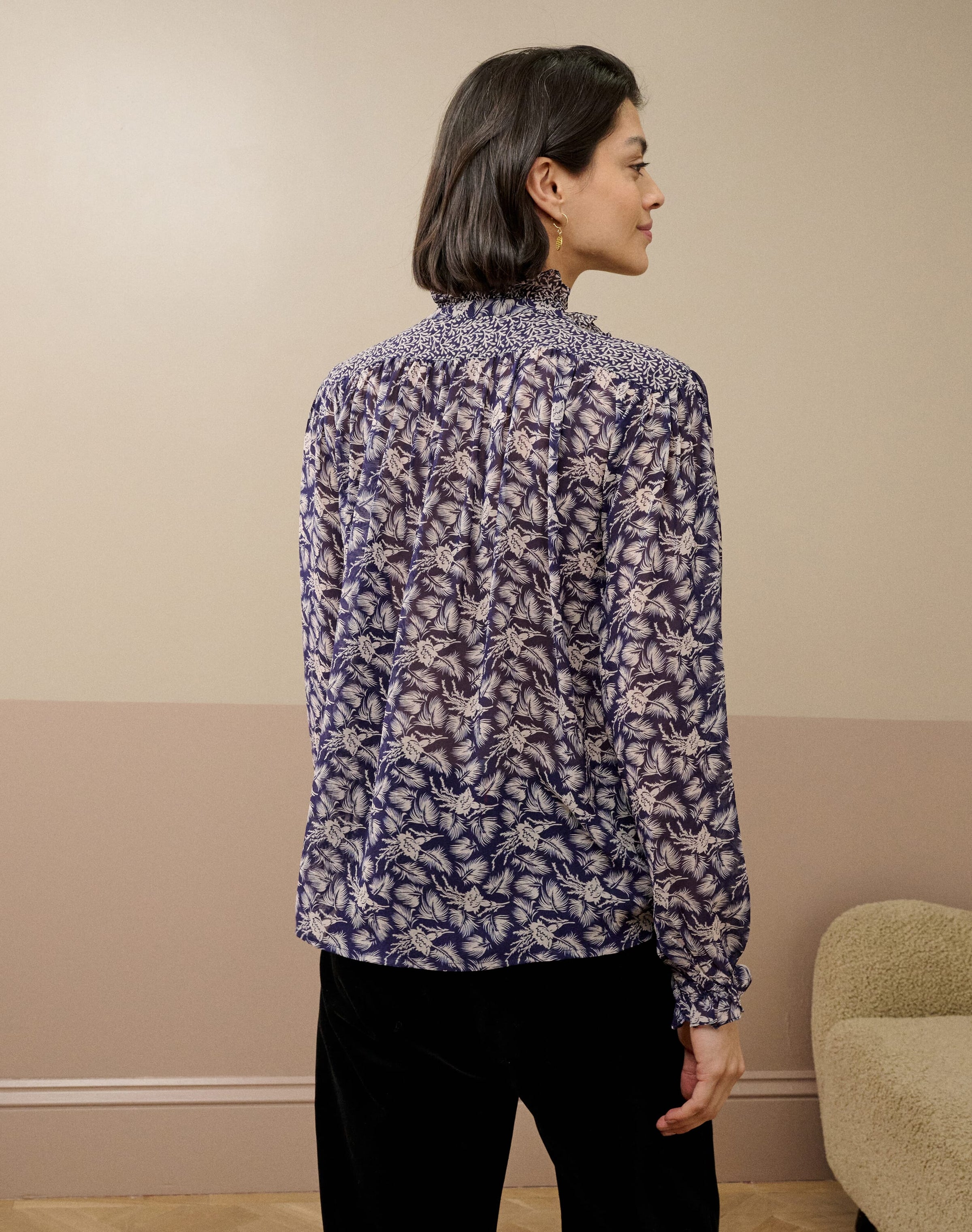 Silk Patchwork Print Ruffle Blouse