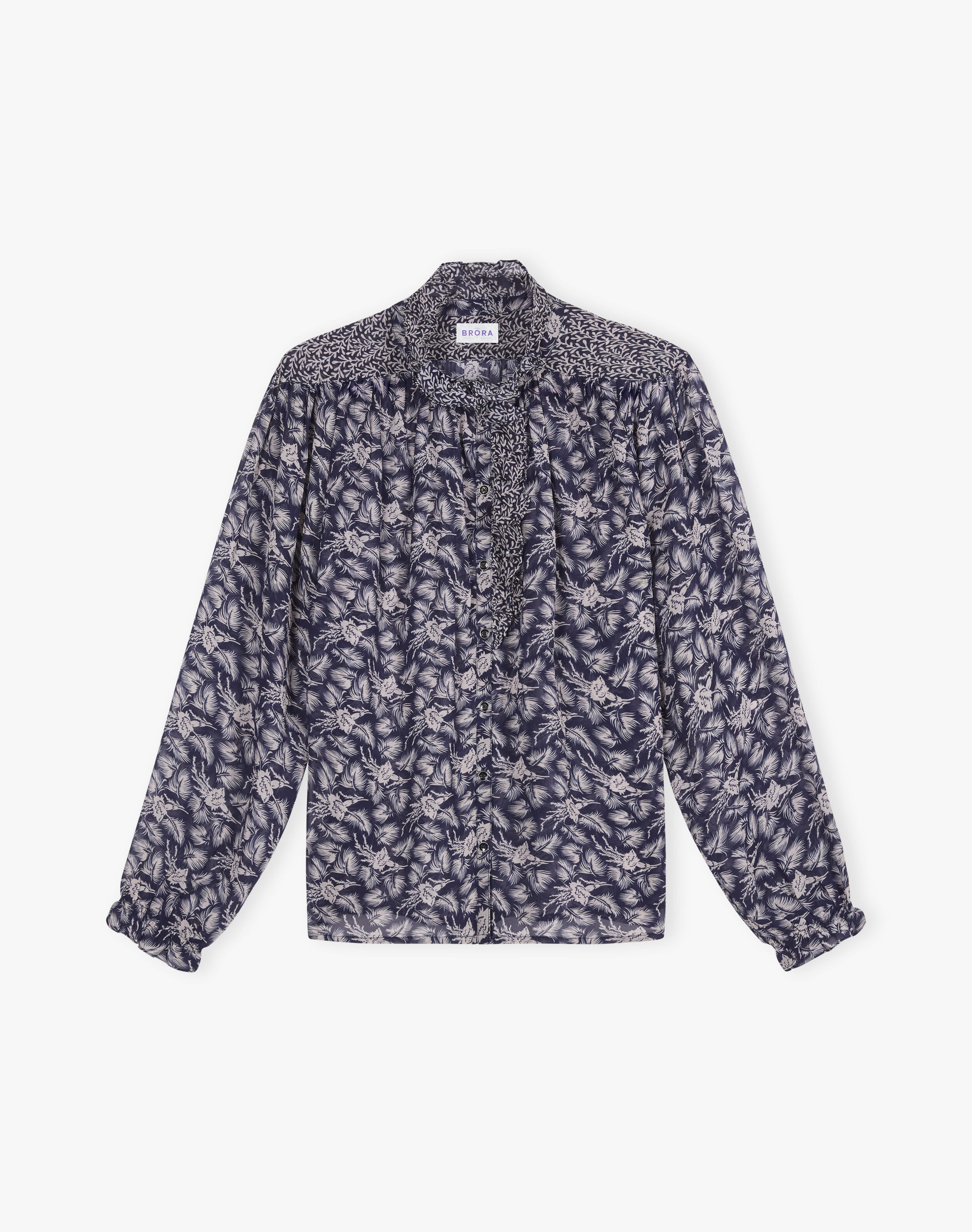 Silk Patchwork Print Ruffle Blouse