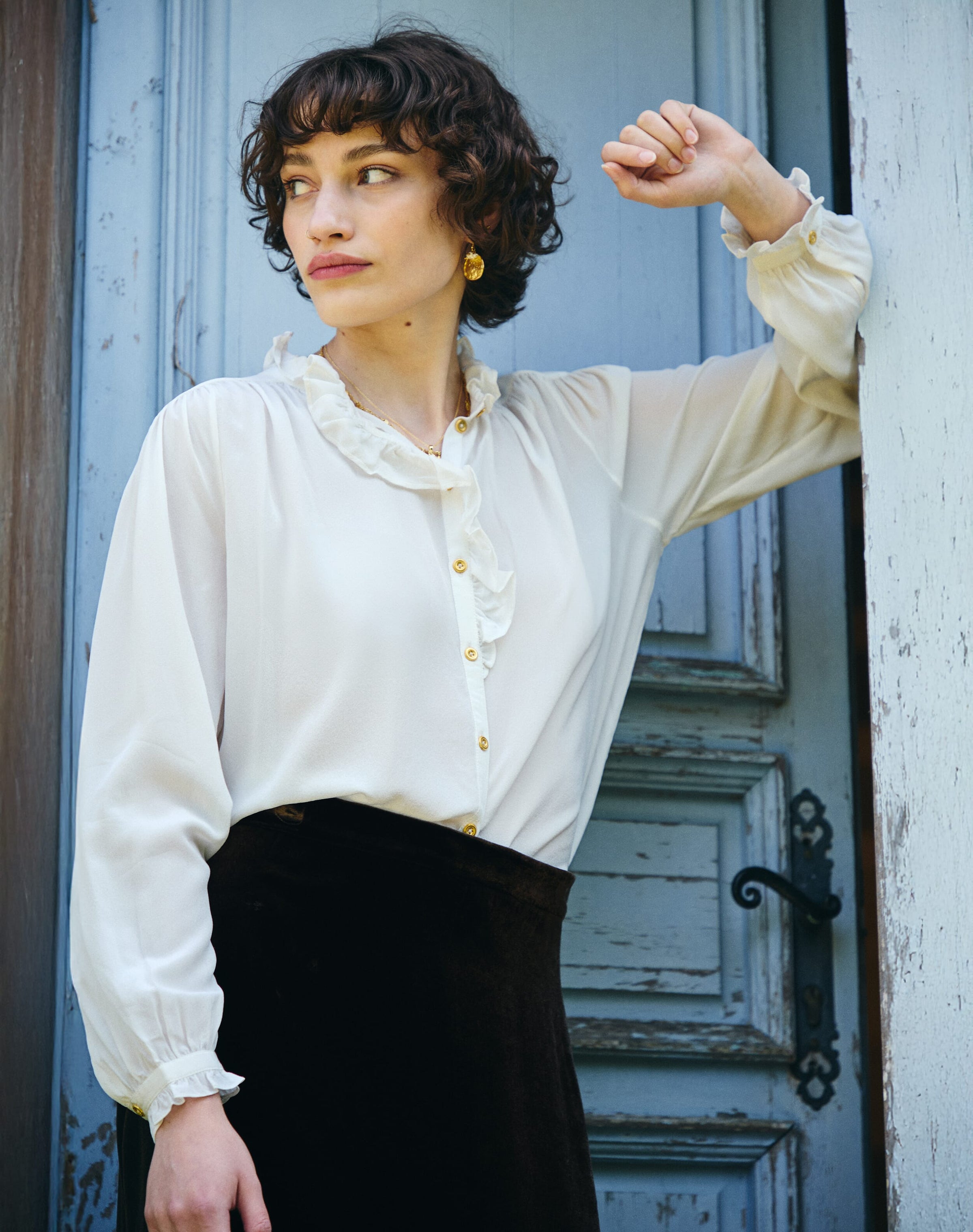 Silk Crepe De Chine Ruffle Blouse