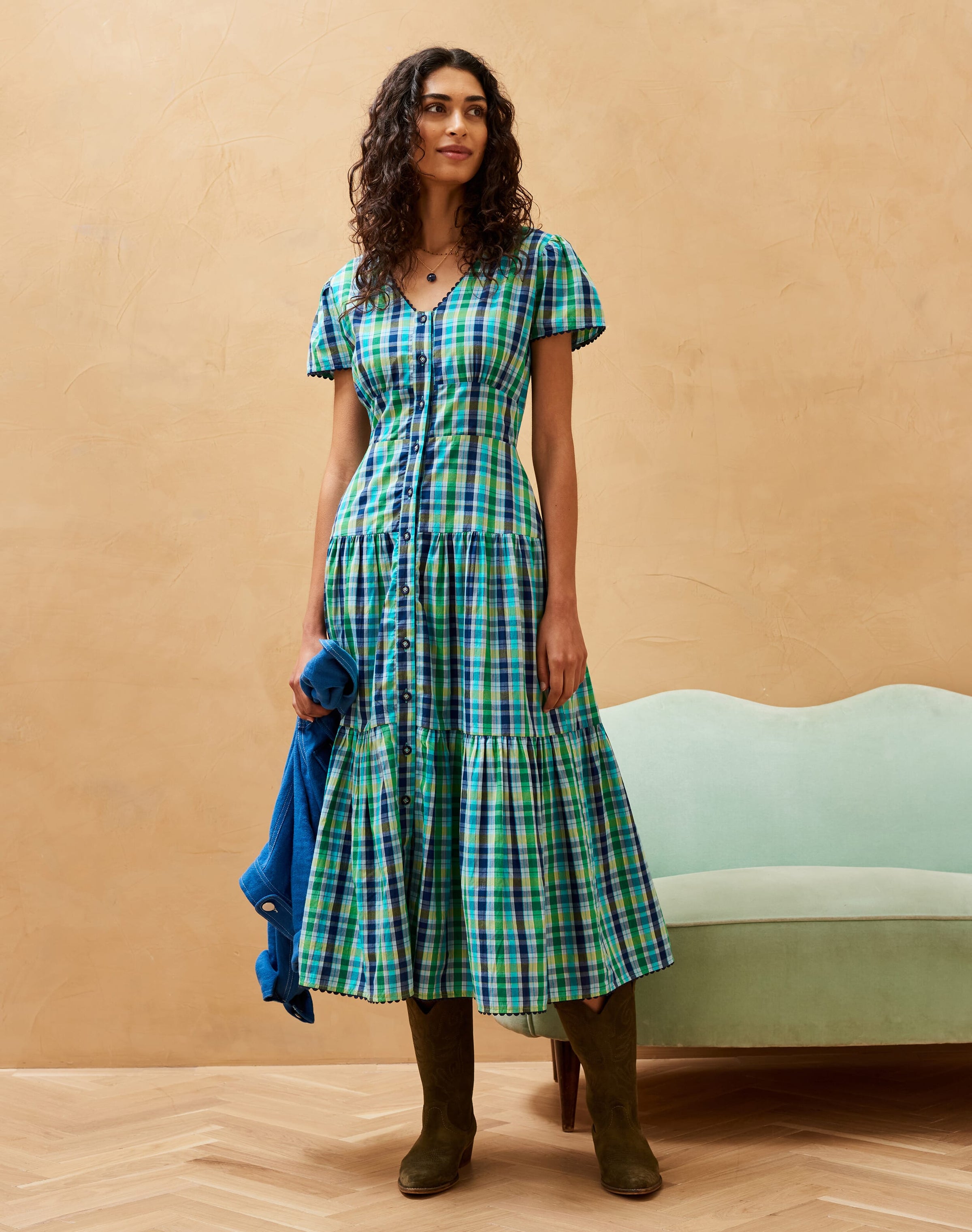 Cotton Check Tiered Dress