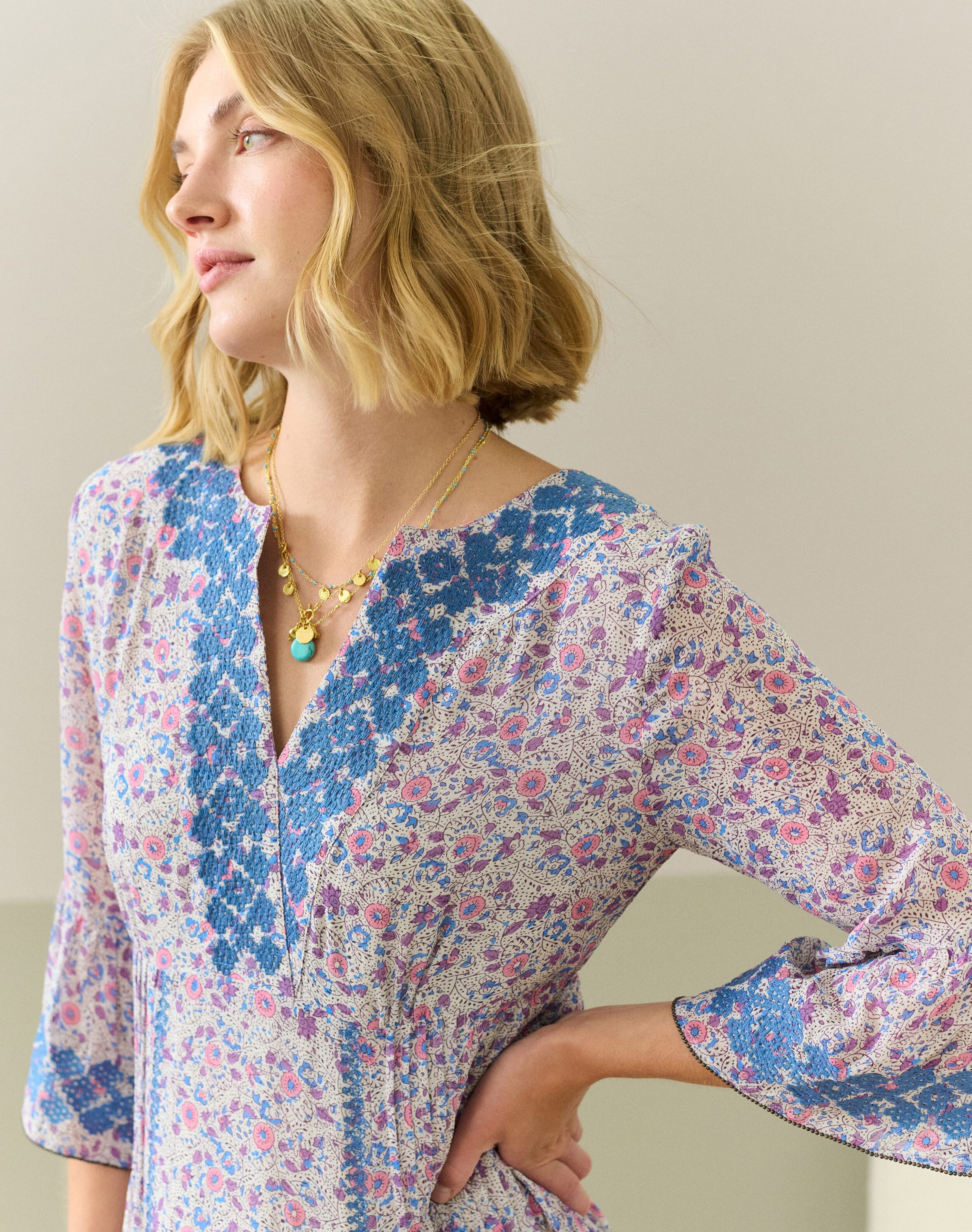 Silk Embroidered Pintuck Dress