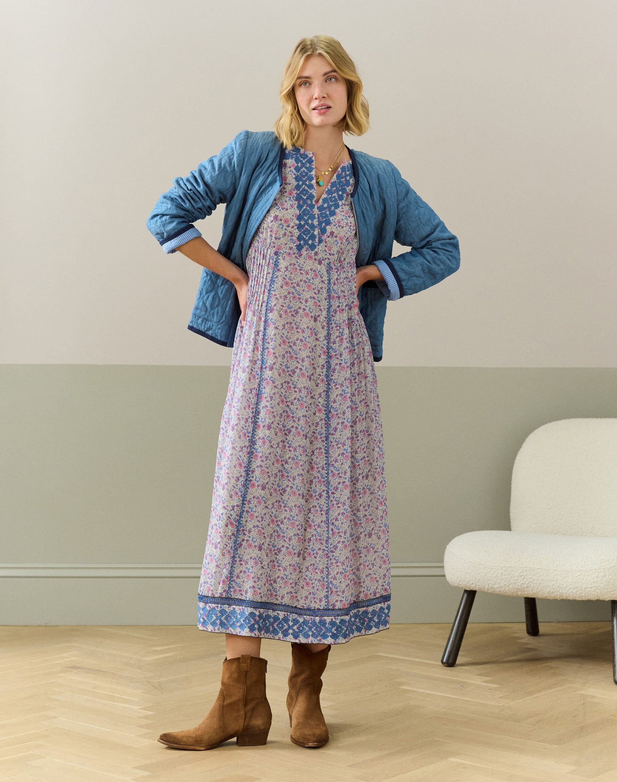 Silk Embroidered Pintuck Dress