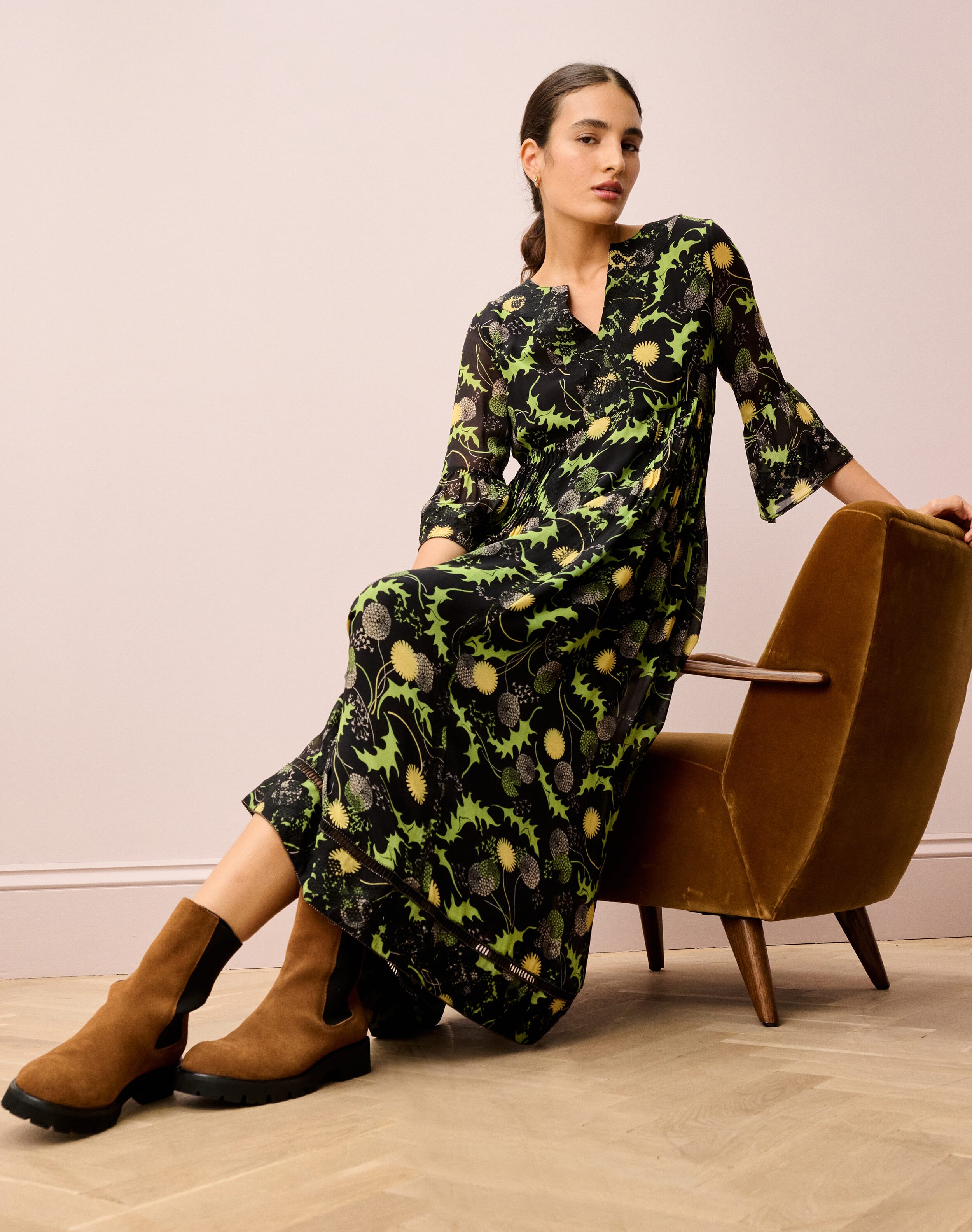 Silk Embroidered Pintuck Dress