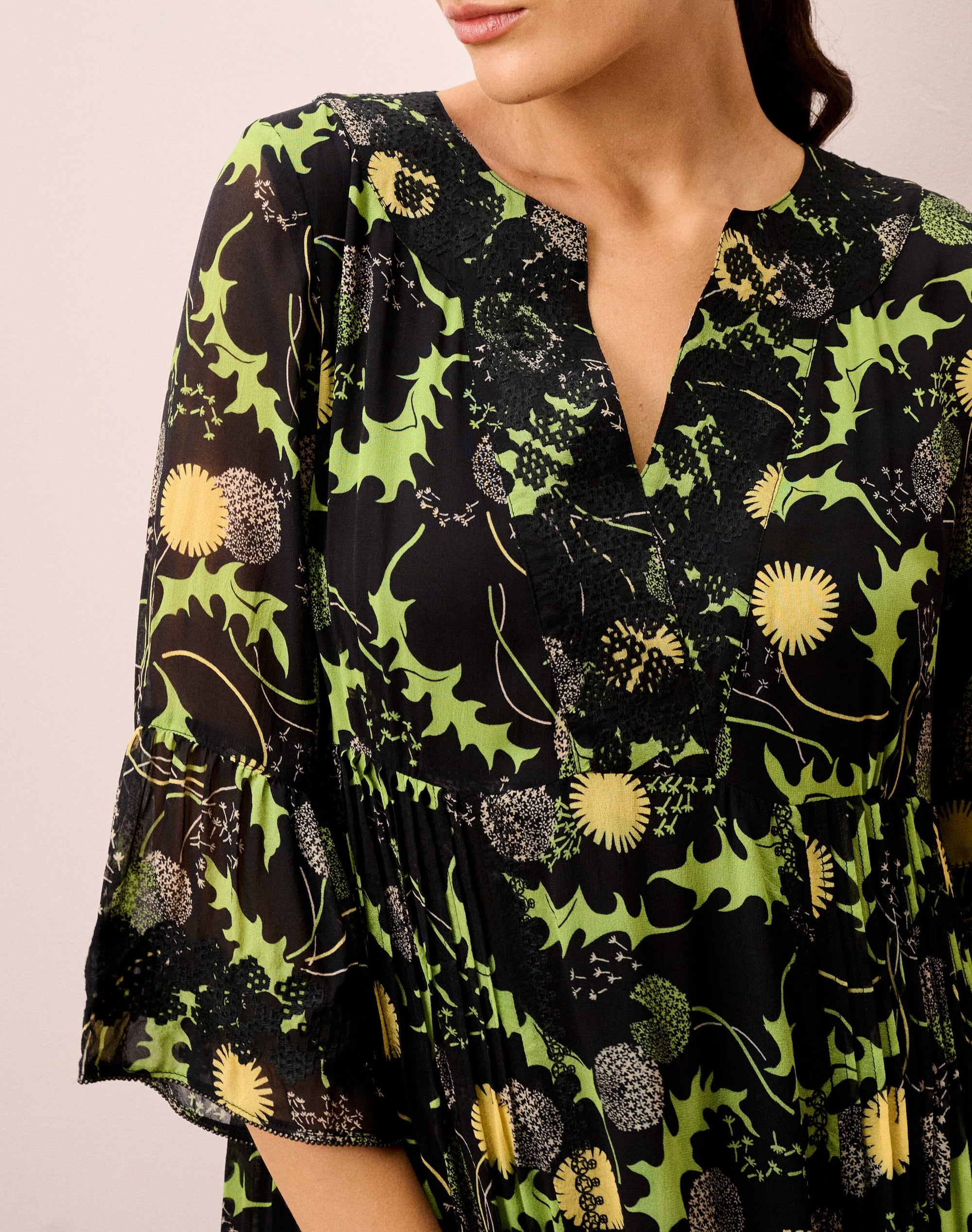 Silk Embroidered Pintuck Dress