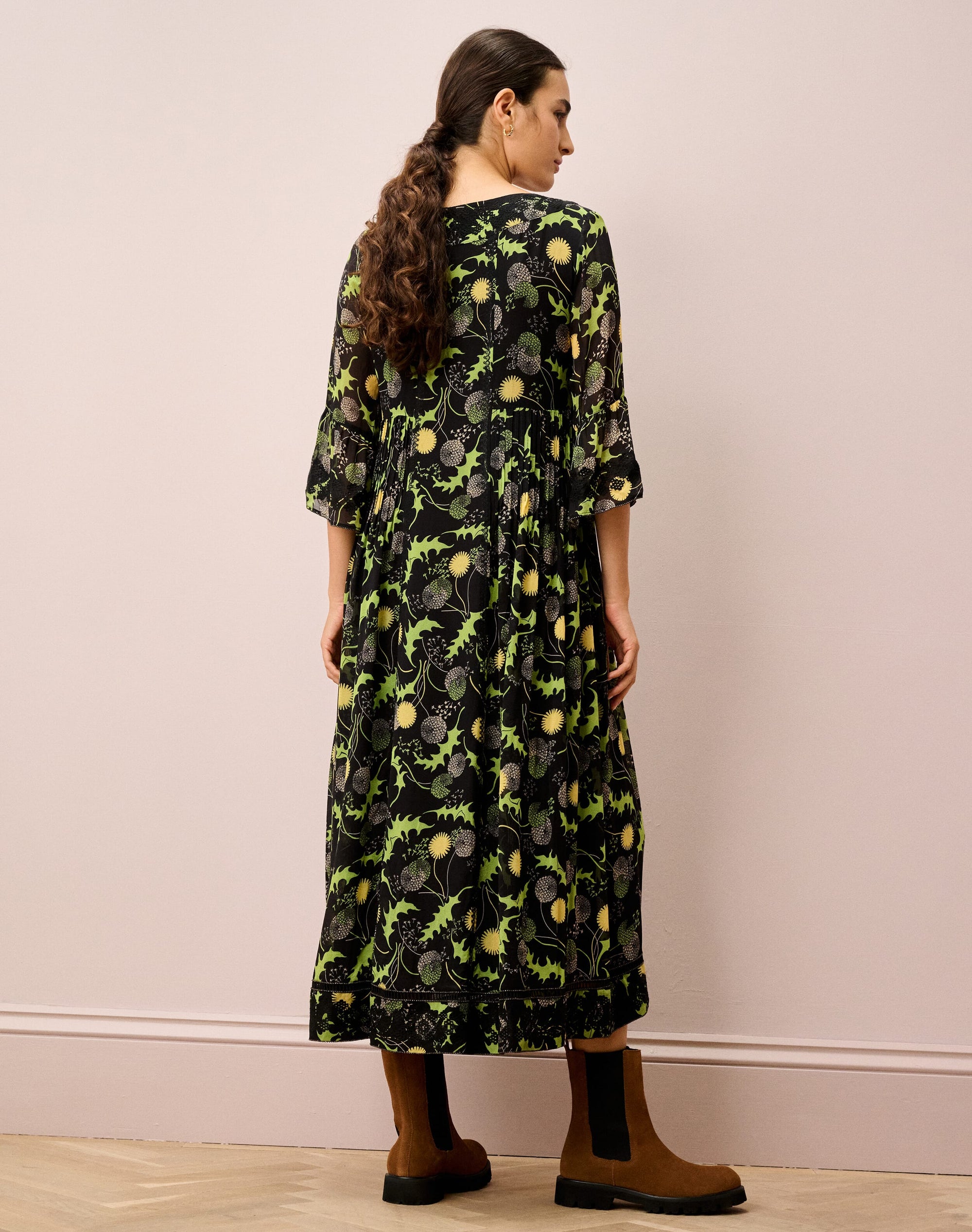 Silk Embroidered Pintuck Dress