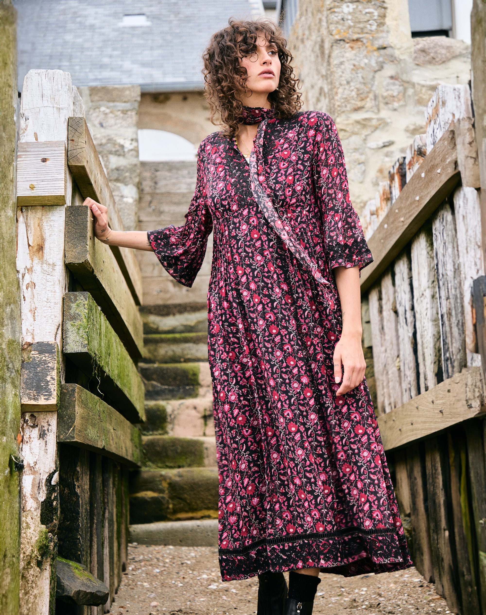 Silk Embroidered Pintuck Dress